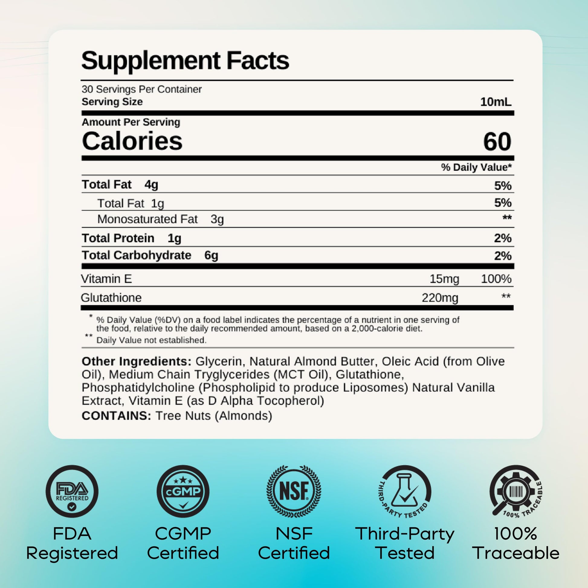 MYCL Liposomal Glutathione Supplement Squeeze Packs – Vitamin E and MCT Oil – Skin, Hair and Nail Health– High Absorption - Vanilla Almond – 30 Single-Serve Packets MYCLAu supplements