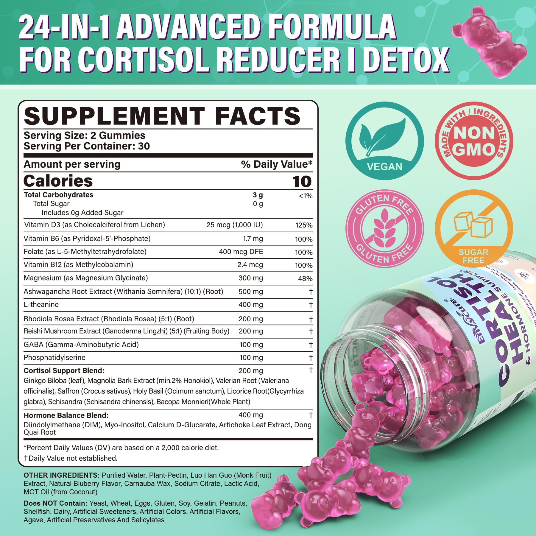 Cortisol Supplements for Women & Men, Cortisol Reducer Gummies w/ Magnesium, Ashwagandha, L-Theanine, Rhodiola, Reishi, 24 IN 1 Cortisol Detox Manager for Calm Mood, Focus & Relaxation,Vegan, 120 Cts EnvyCureAu supplements