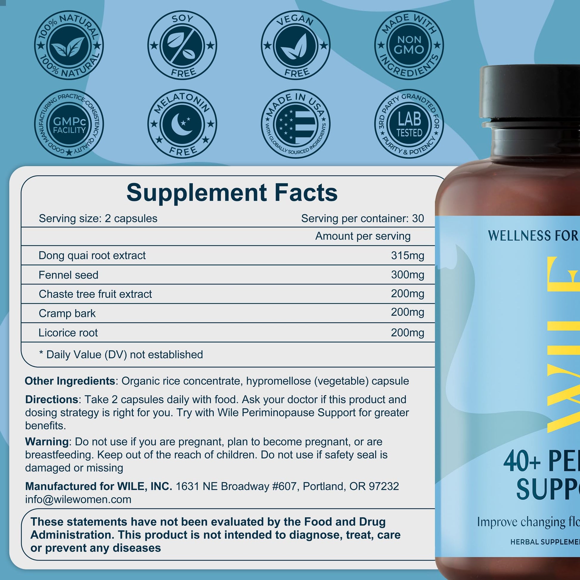 WILE Menopause and Perimenopause Supplements for Women - Menstrual Cramp, PMS and Heavy Period Relief with Dong Quai - Premenopausal Support for Hormone Balance & Improved Mood, Vegan, 30 Servings WILEAu supplements
