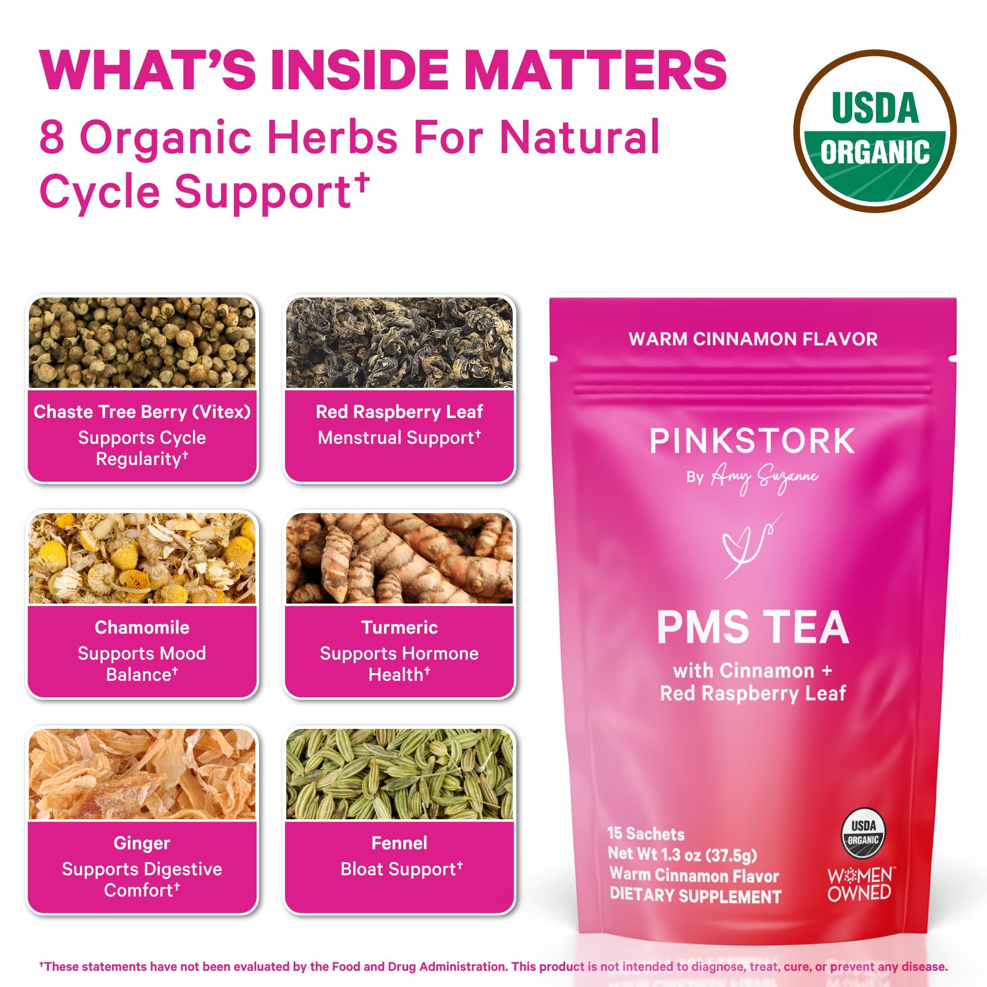 Pink Stork Organic PMS Tea for Hormone Balance, Mood Swings, Bloating, and Period Regularity - 8 Herbs - Vitex, Red Raspberry Leaf, Chamomile - Caffeine-Free - 15 Sachets, Hot or Iced Pink StorkAu supplements