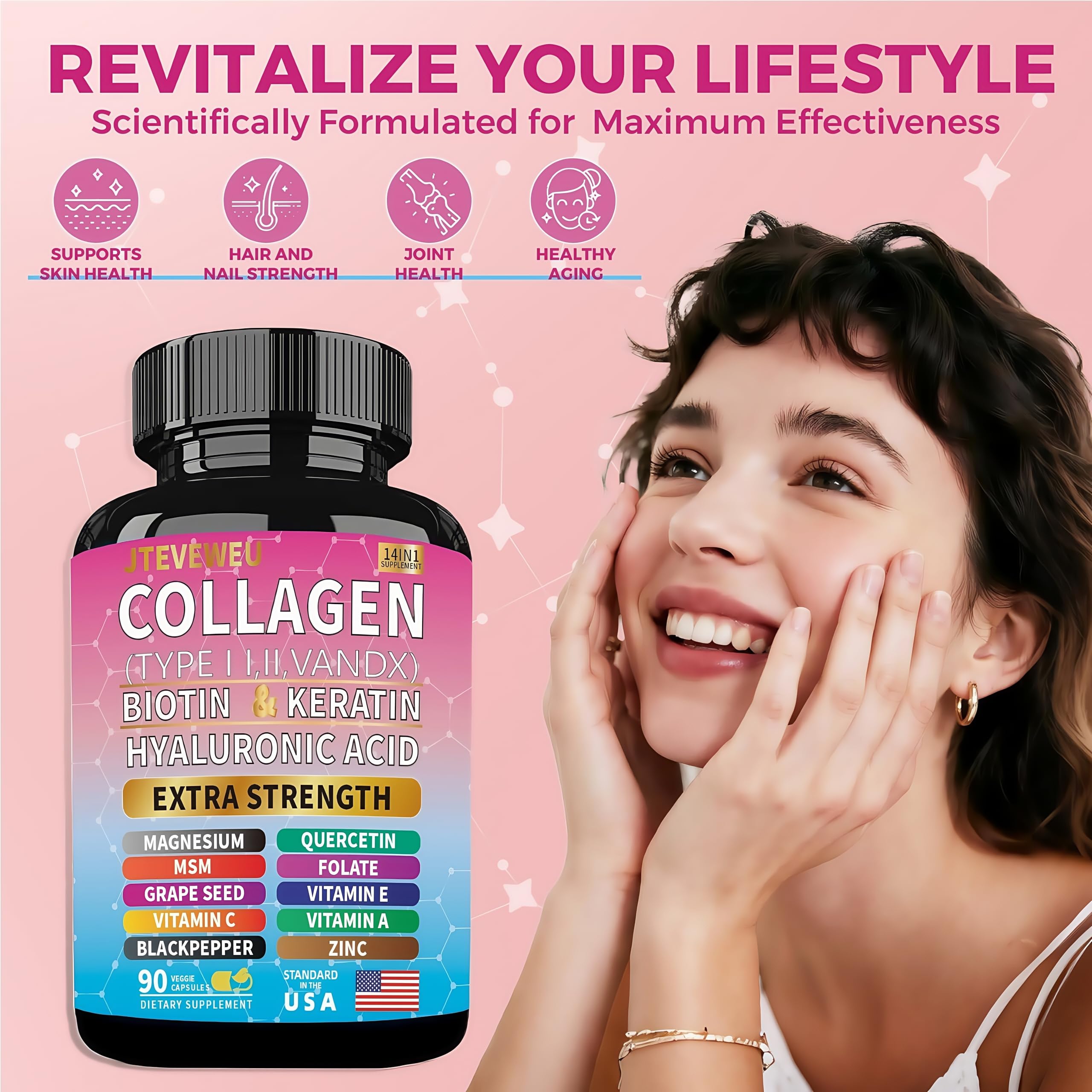 JTEVEweu Collagen Supplement - Type I, II, III, V and X - with Biotin, Keratin, Hyaluronic Acid & 13+ Extra Strength Ingredients - （90 Capsules） JTEVEweuAu supplements