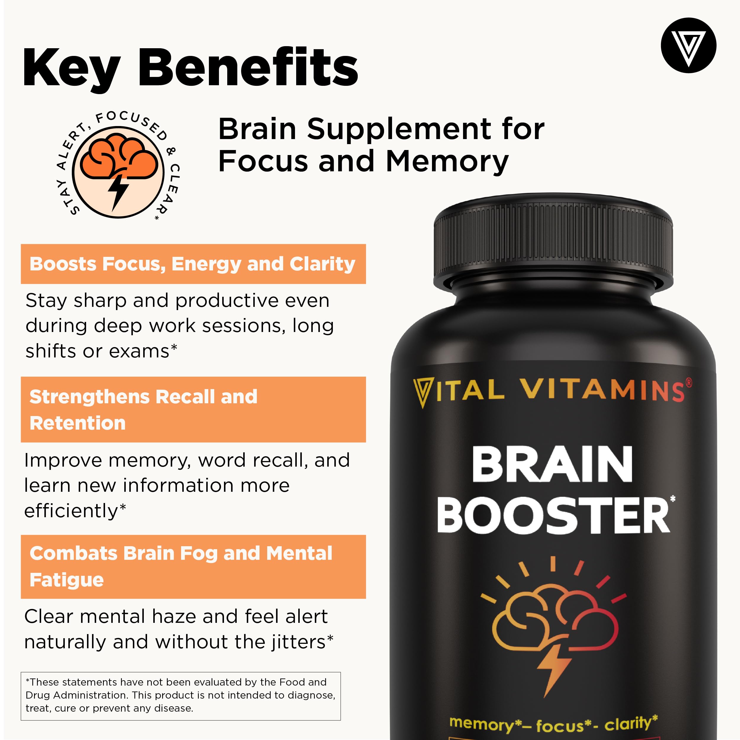Vital Vitamins Brain Supplements with Bacopa Monnieri - for Memory and Focus – Nootropic Brain Booster - Caffeine-Free Support for Adults & Seniors – Non-GMO, 30-Day Supply, 30 Capsules Vital VitaminsAu supplements