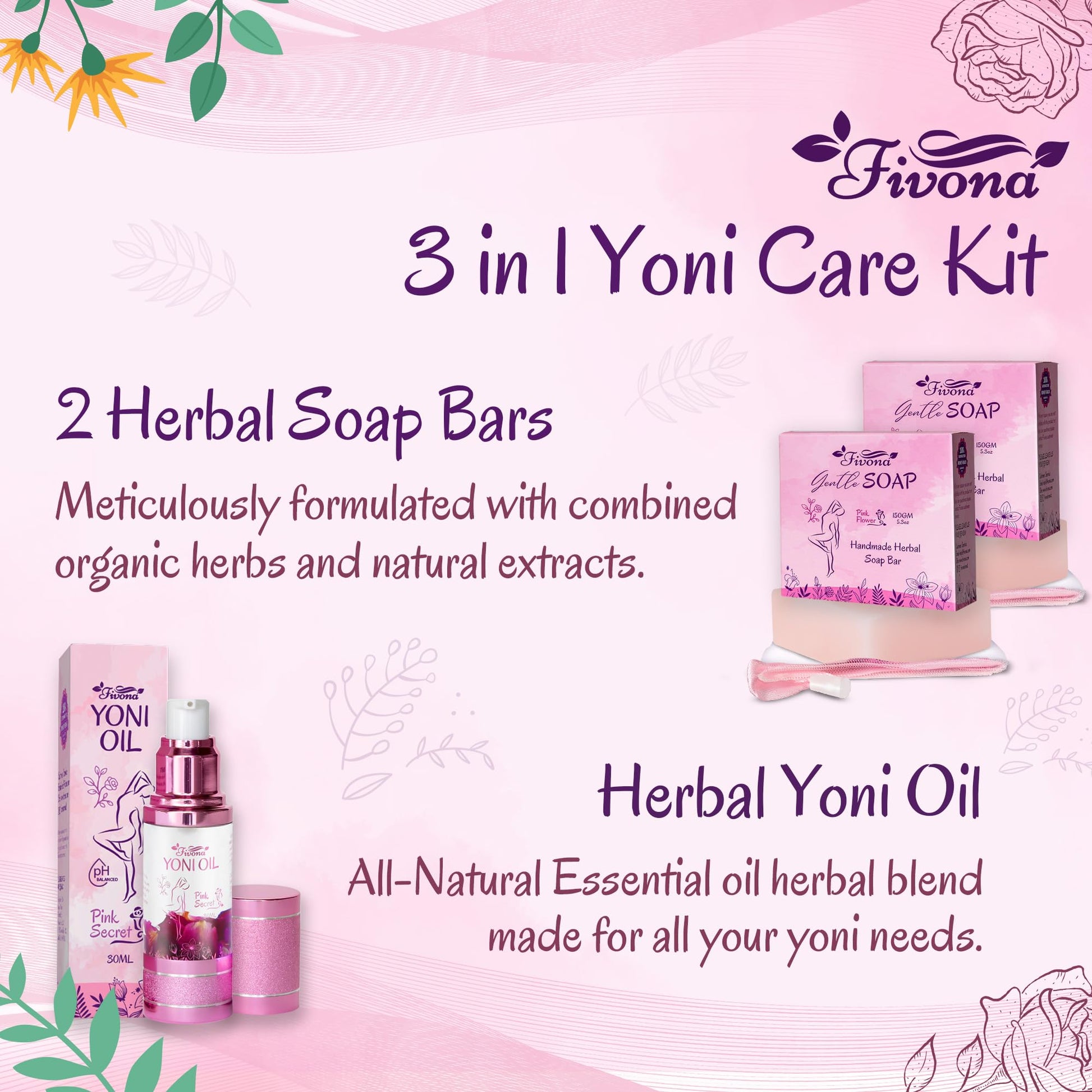 FIVONA 3 in 1 Set of Yoni Oil with 2 Yoni Soap Bars - Feminine pH Balanced Natural Vaginal Oil 30 ml FIVONAAu supplements