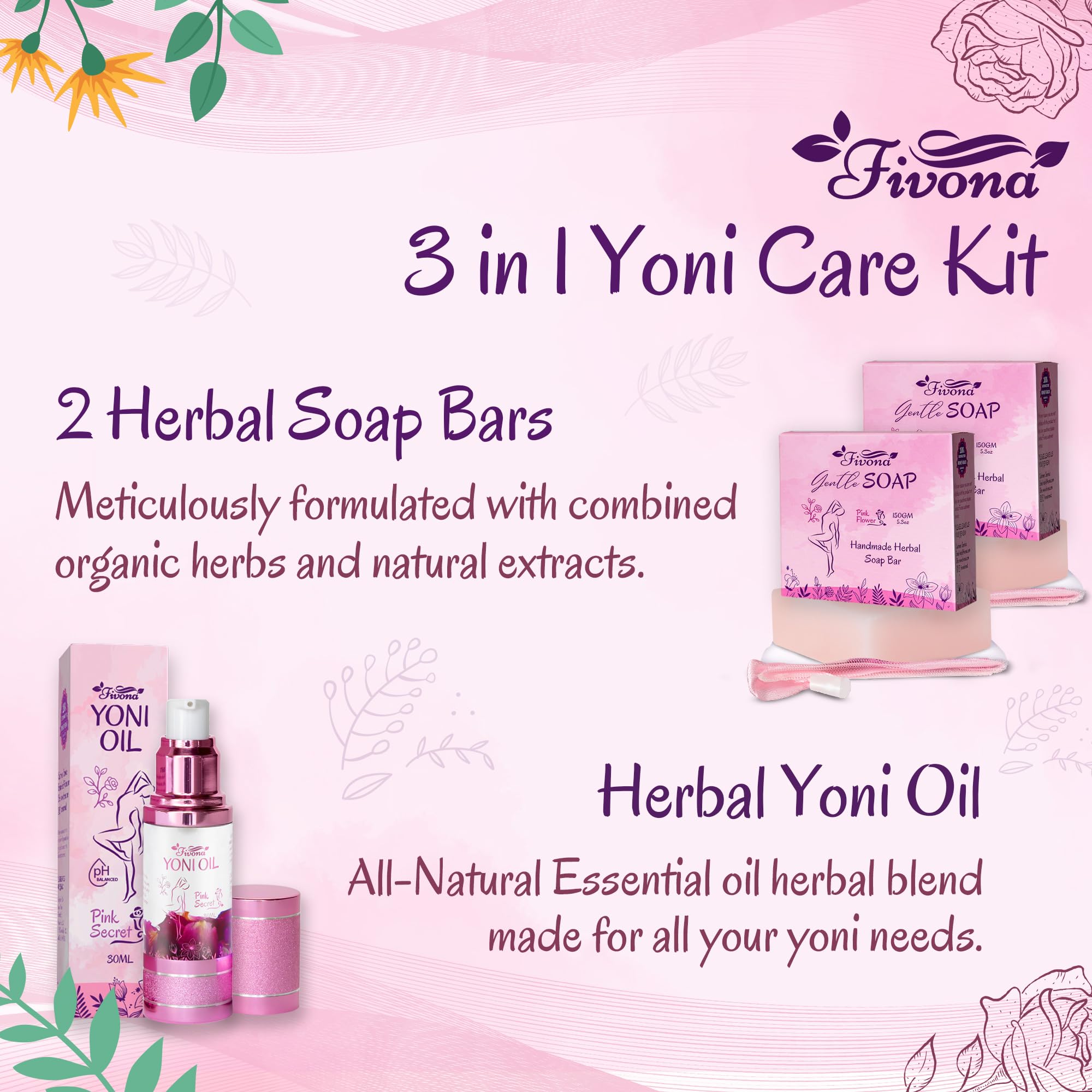 FIVONA 3 in 1 Set of Yoni Oil with 2 Yoni Soap Bars - Feminine pH Balanced Natural Vaginal Oil 30 ml FIVONAAu supplements