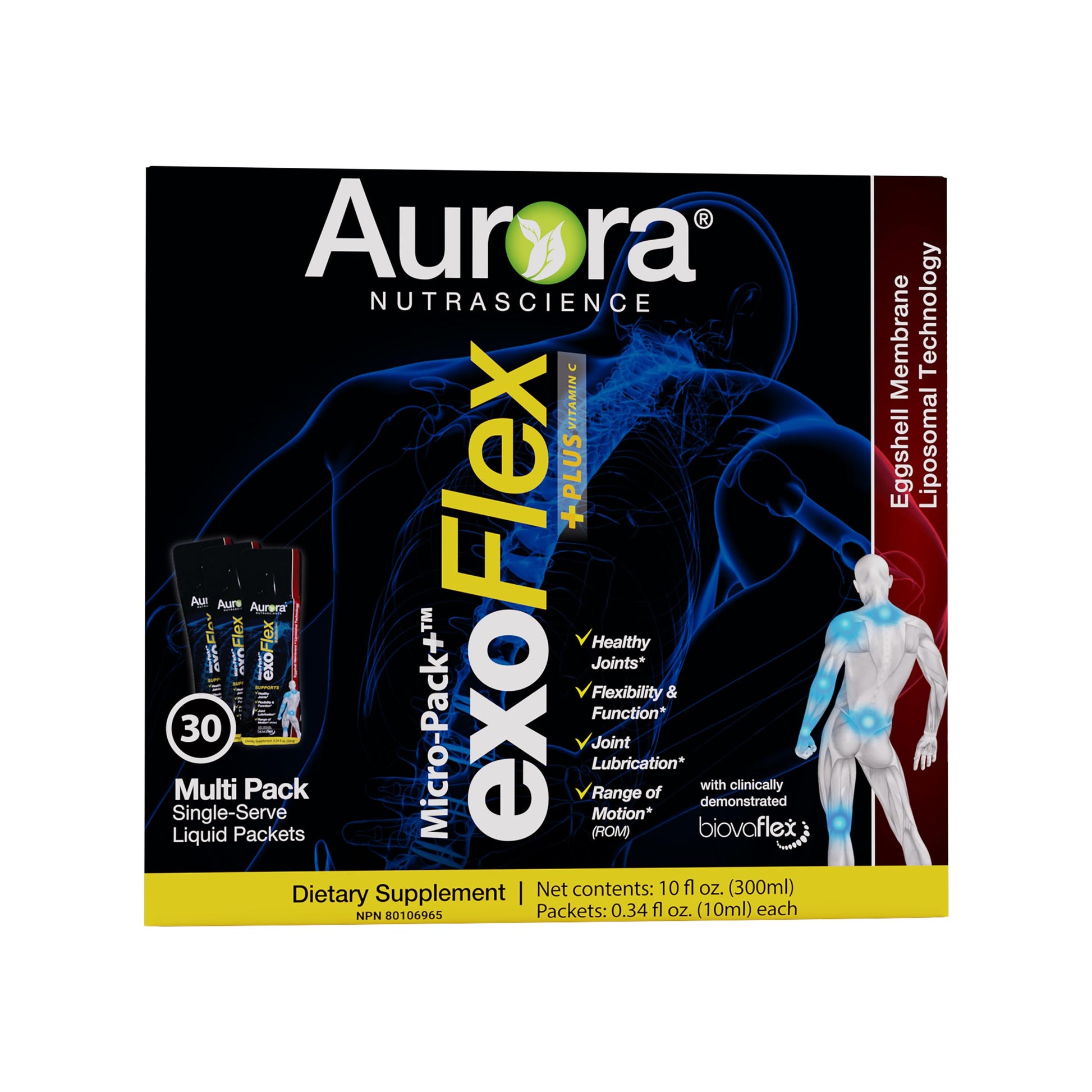 Aurora Nutrascience Micro-Pack Liposomal exoFlex+ - Liquid Vitamin C Supplement, Eggshell Membrane with BiovaFlex, Curcumin, & Boswellia, for Men & Women - 30 Single-Serve Packets Aurora NutrascienceAu supplements