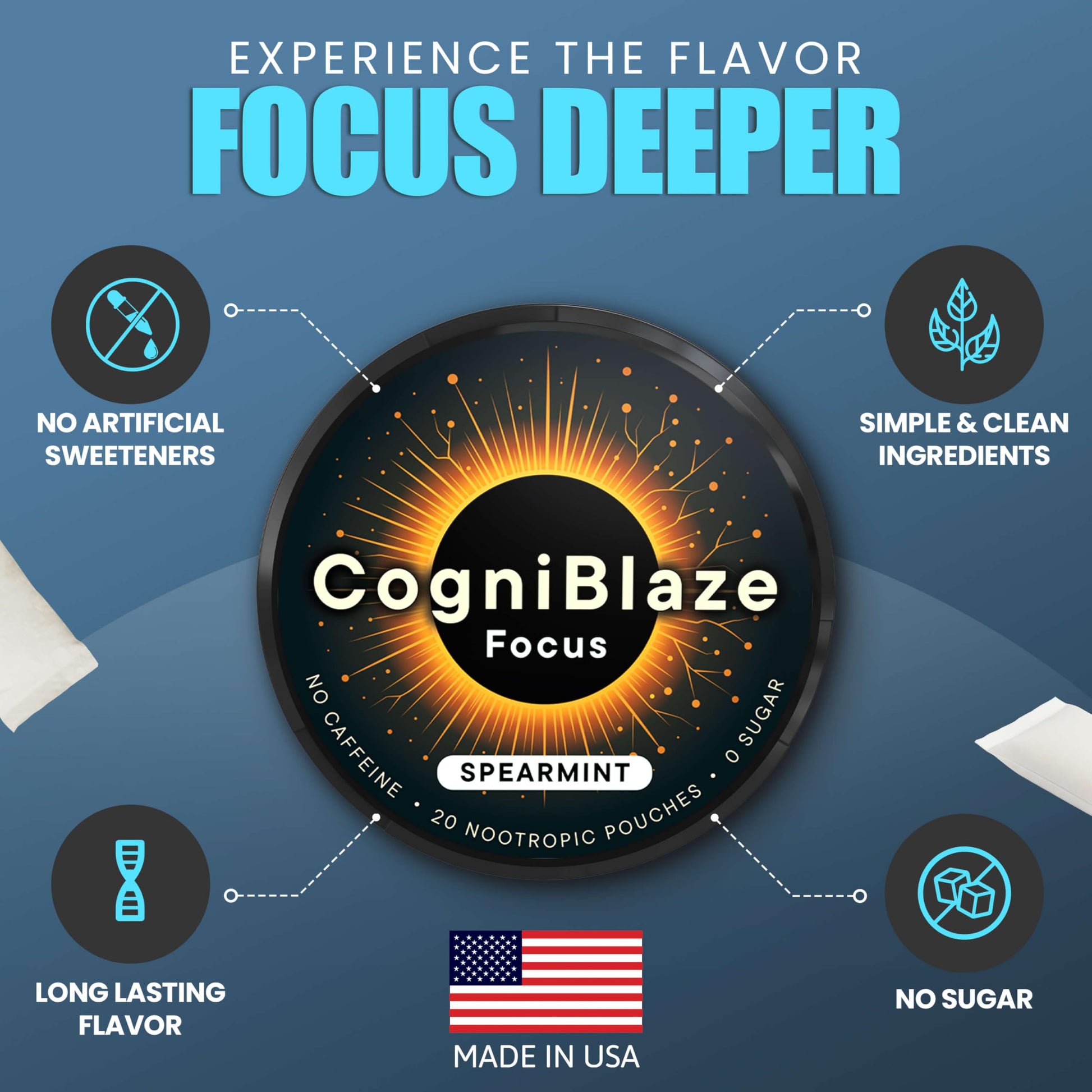 CogniBlaze Nootropic Pouches Caffeine Free (Spearmint) | 80 Focus Pouches for Clarity | 4 Pack (20 Per Can) | Mental Energy Pouches | 25mcg Huperzine A per Nootropic Pouch | Zero Calories CogniBlazeAu supplements