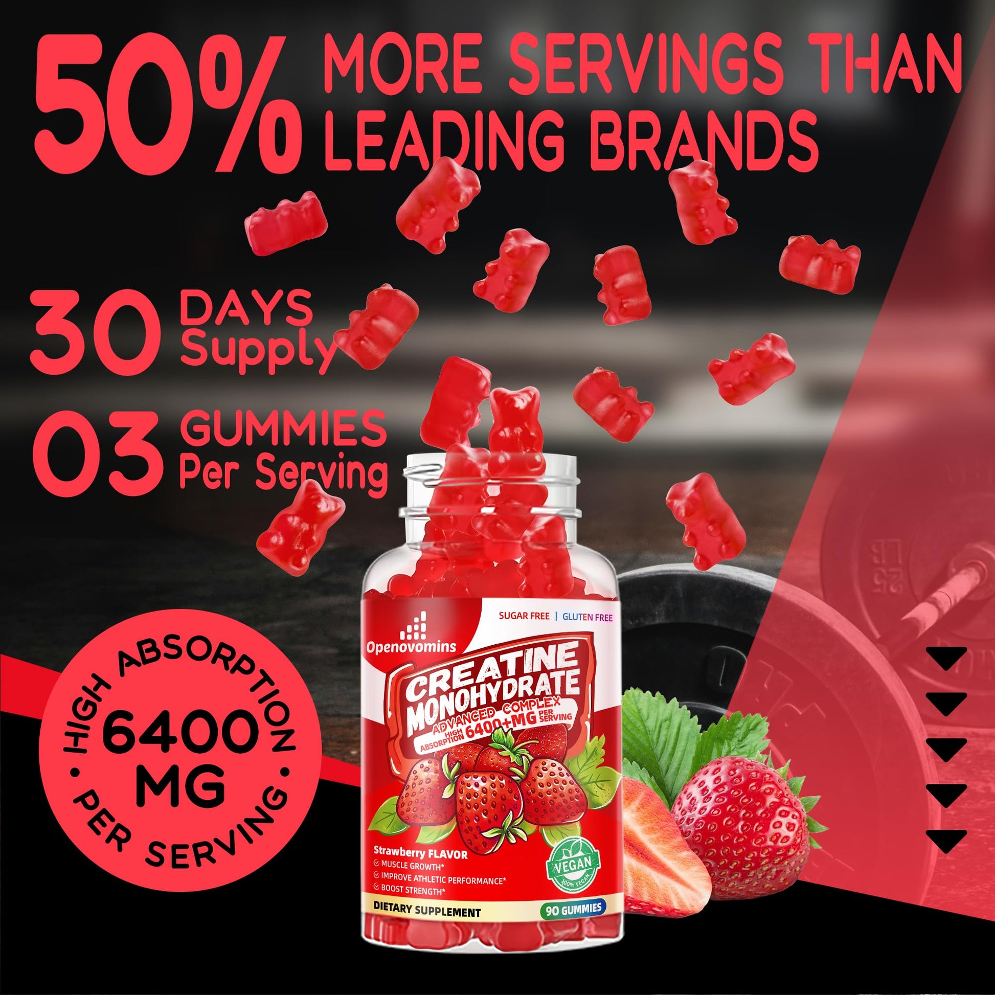 Creatine Monohydrate Gummies Complex for Men & Women -Advanced Formula W/L-Taurine + Vitamin B12, Sugar Free Chewable Supplement,90 Strawberry Gummies OpenovominsAu supplements