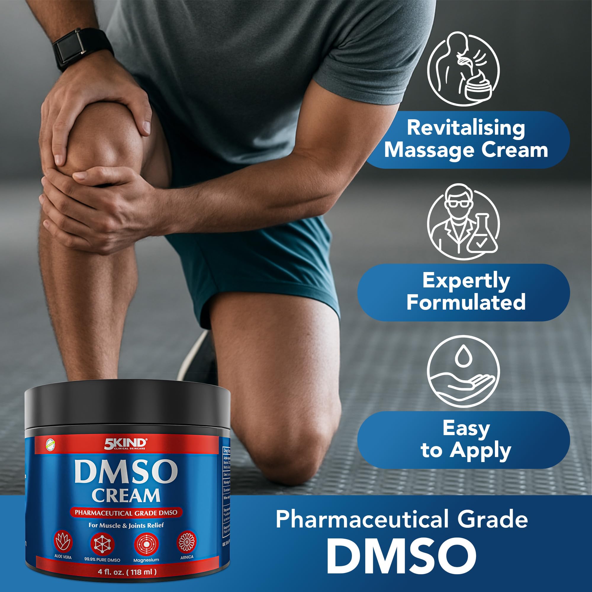 5Kind DMSO Cream for Pain Relief 4 fl oz - 99.9% Pure DMSO Pharmaceutical Grade Cream - Aloe Vera, Magnesium, Arnica & Menthol - Topical Muscle and Joint Pain Relief - Registered NDC - Made in USA 5kind clinical skincareAu supplements