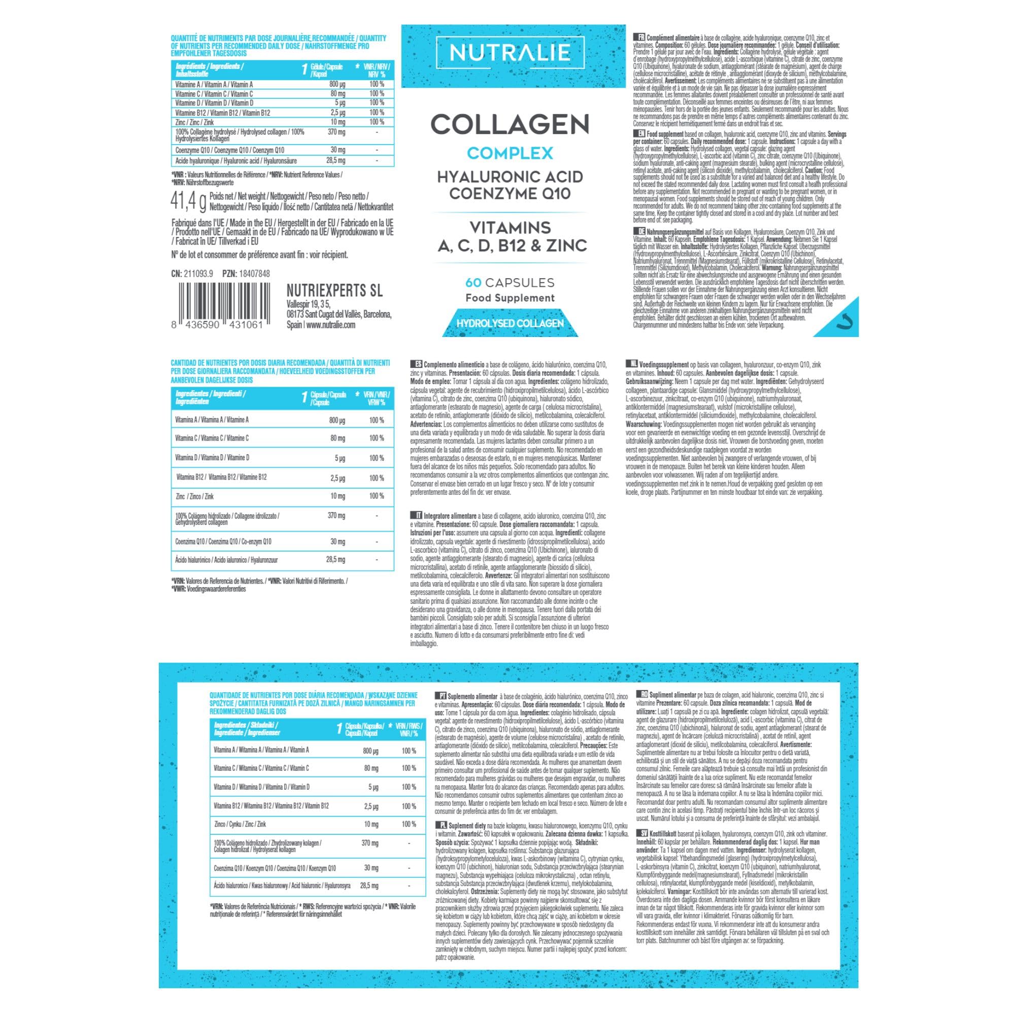 Collagen + Hyaluronic Acid + Q10 Hydrolysed Collagen Women Men + Vitamins A C D B12 Zinc NUTRALIEAu supplements