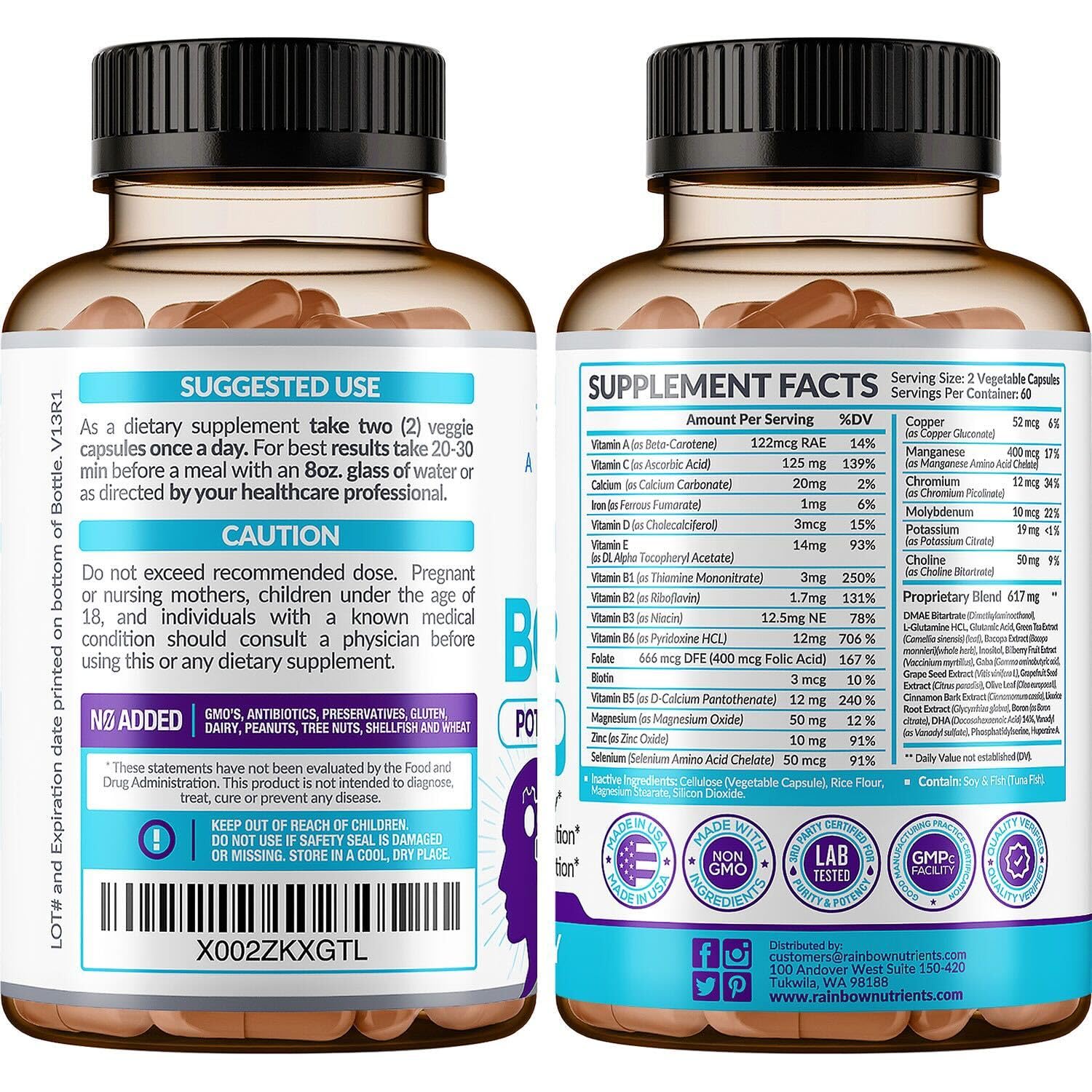 40-in-1 Brain Booster Supplements for Memory, Focus, Clarity, Energy, Performance | Natural Nootropic Brain Support Supplement with DMAE, Bacopa Monnieri & More | For Men & Women | 120 V Capsules Rainbow Nutrients, LLCAu supplements
