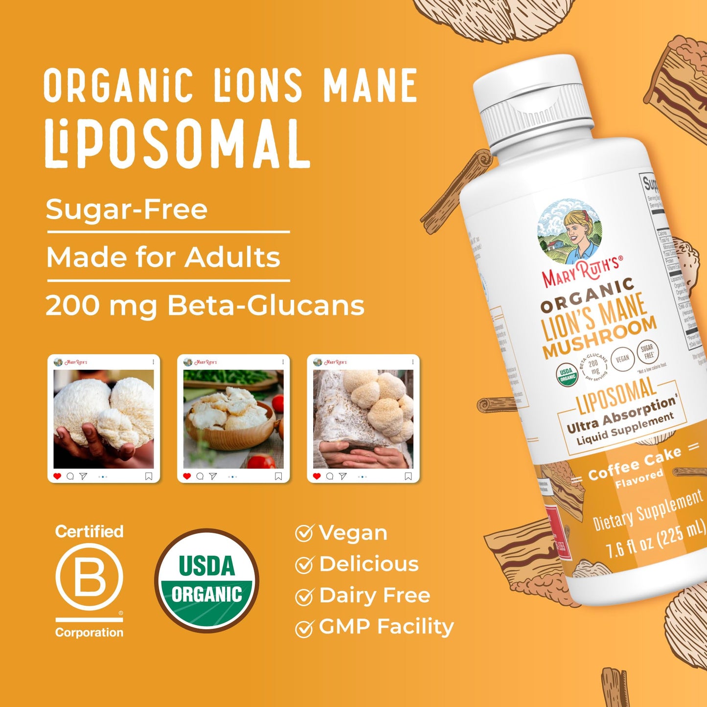 MaryRuth Organics Lions Mane Supplement | Ultra Absorption Liposomal | Full Spectrum Lion's Mane Mushroom | 200mg Beta-Glucans Per Serving | USDA Organic | Vegan | 7.6 oz | 15 Servings MARYRUTH'SUS supplements