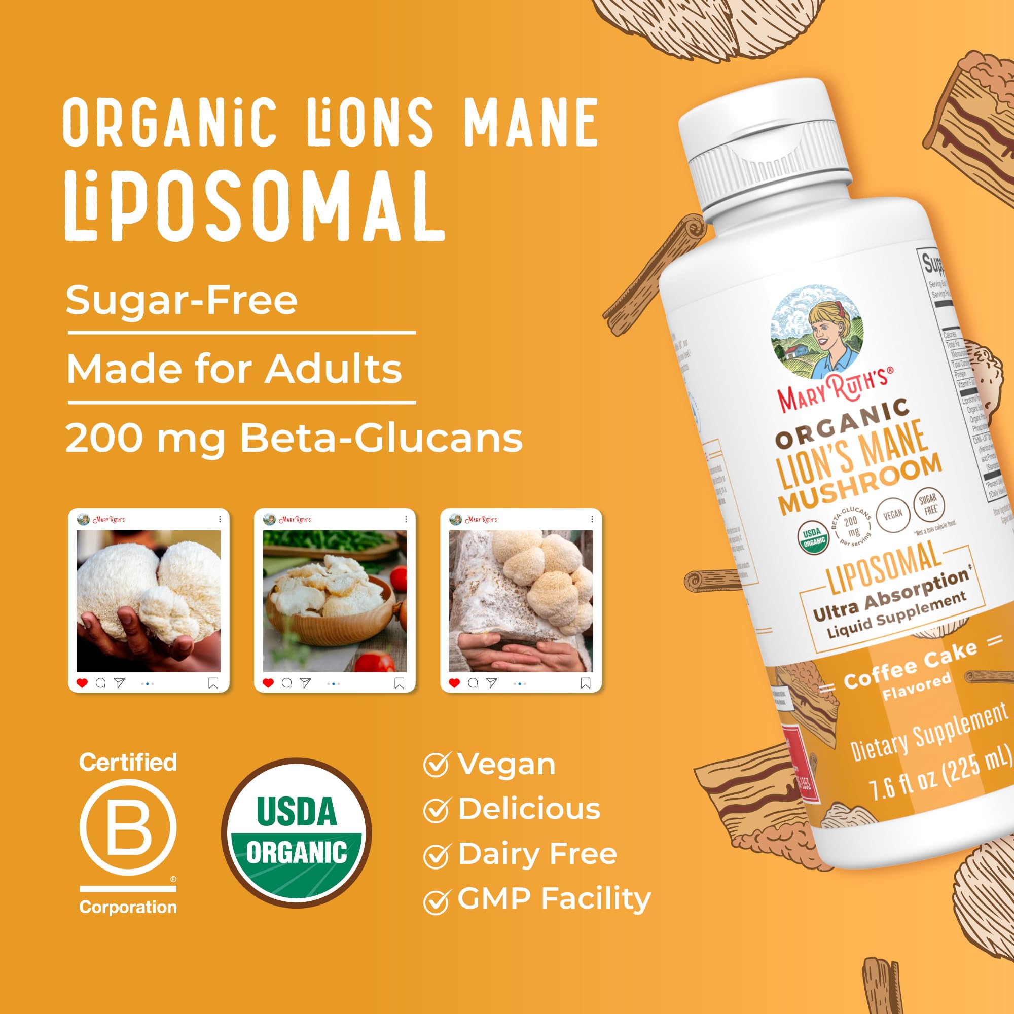 MaryRuth Organics Lions Mane Supplement | Ultra Absorption Liposomal | Full Spectrum Lion's Mane Mushroom | 200mg Beta-Glucans Per Serving | USDA Organic | Vegan | 7.6 oz | 15 Servings MARYRUTH'SUS supplements