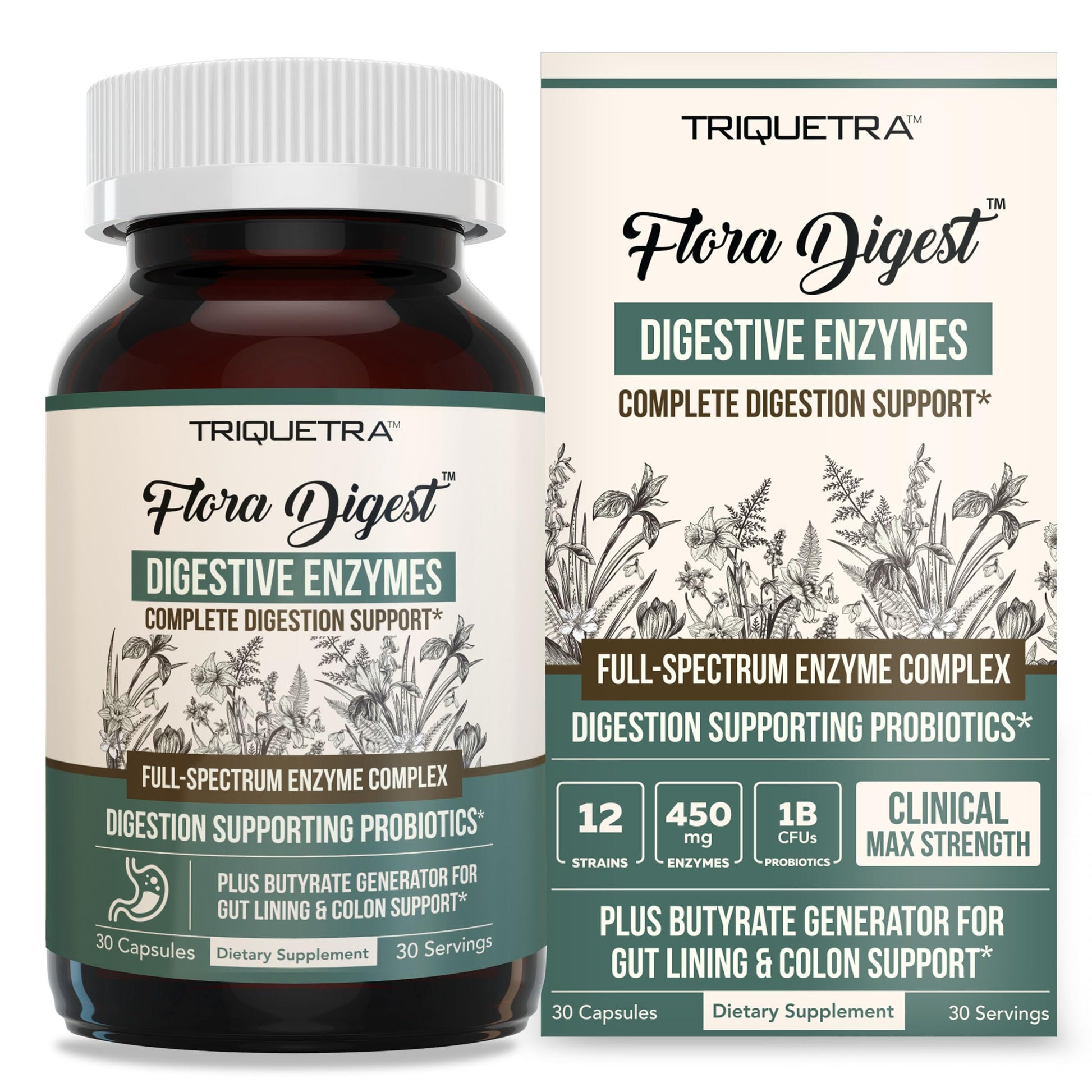 Flora Digest - 3-in-1 Max Strength Digestive Enzymes + Gut Surviving Probiotics & ButyraGen® Postbiotic for Optimal Digestion, Bloating Relief, Regularity, Gut Lining & Colon Support - (30 Capsules) Triquetra HealthAu supplements