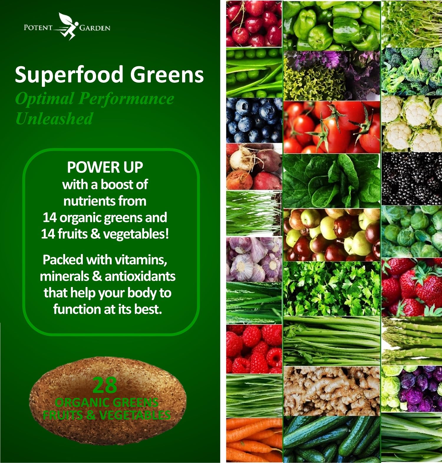 Potent Garden Organic Superfood Greens, Fruit and Veggies Supplement Rich in Vitamins & Antioxidants with Alfalfa, Beet Root & Tart Cherry to Boost Energy, Immunity & Gut Health, Greens Tablets 60 Ct Potent GardenAu supplements