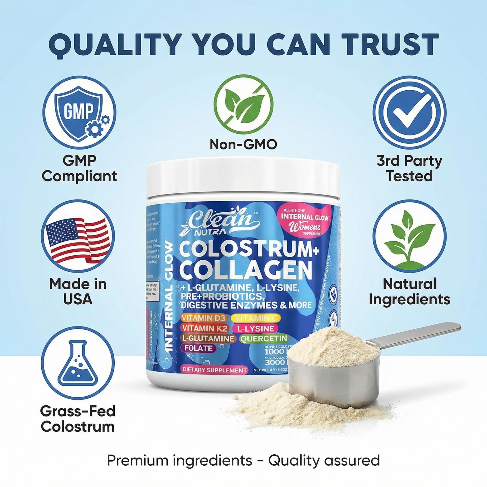 Bovine Colostrum Powder + Collagen Peptides with L-Glutamine L-Lysine Prebiotics Probiotics Digestive Enzymes Vitamin D K2 C Quercetin & Folate | Gut Health Supplement Internal Glow By Clean Nutra Clean NutraceuticalsAu supplements