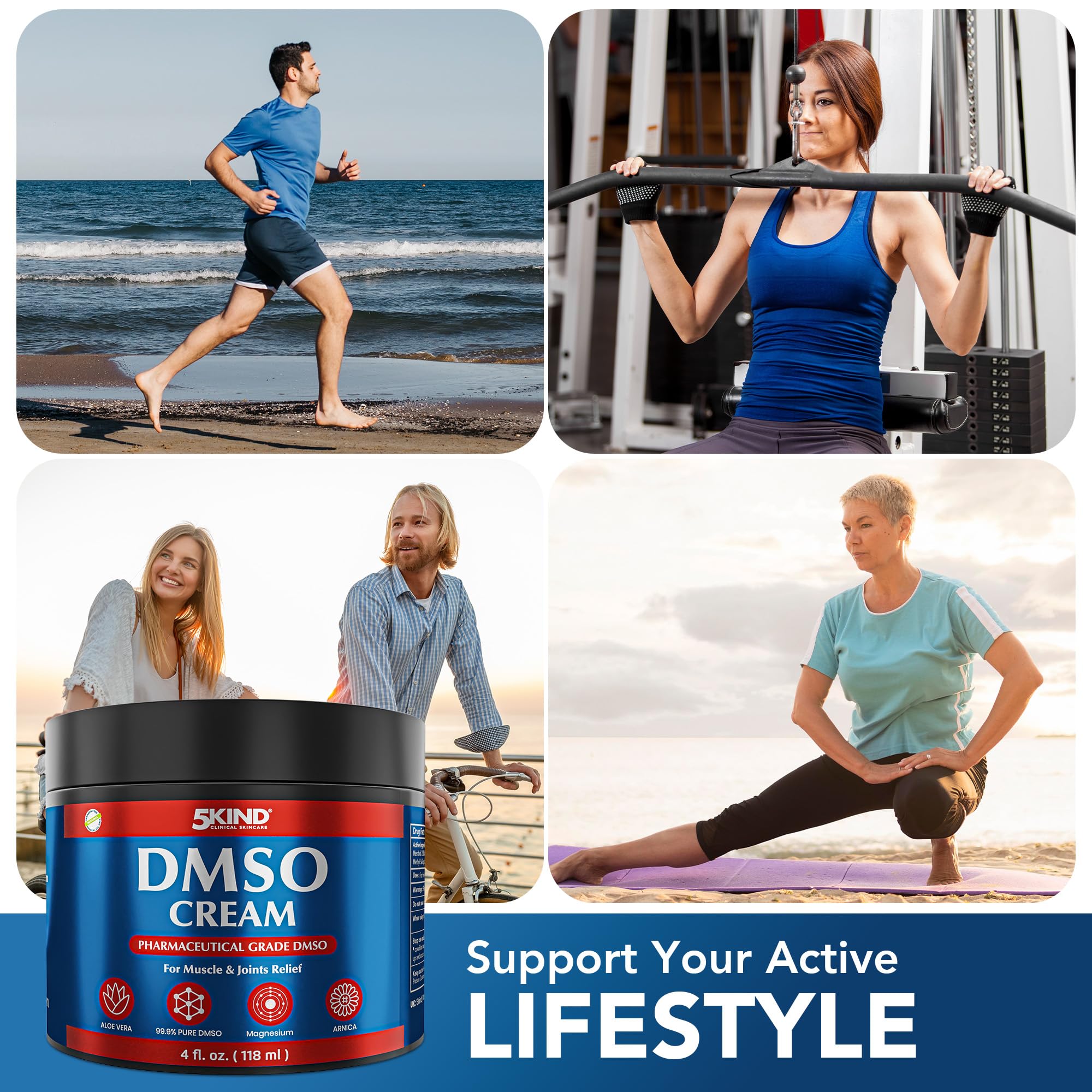 5Kind DMSO Cream for Pain Relief 4 fl oz - 99.9% Pure DMSO Pharmaceutical Grade Cream - Aloe Vera, Magnesium, Arnica & Menthol - Topical Muscle and Joint Pain Relief - Registered NDC - Made in USA 5kind clinical skincareAu supplements