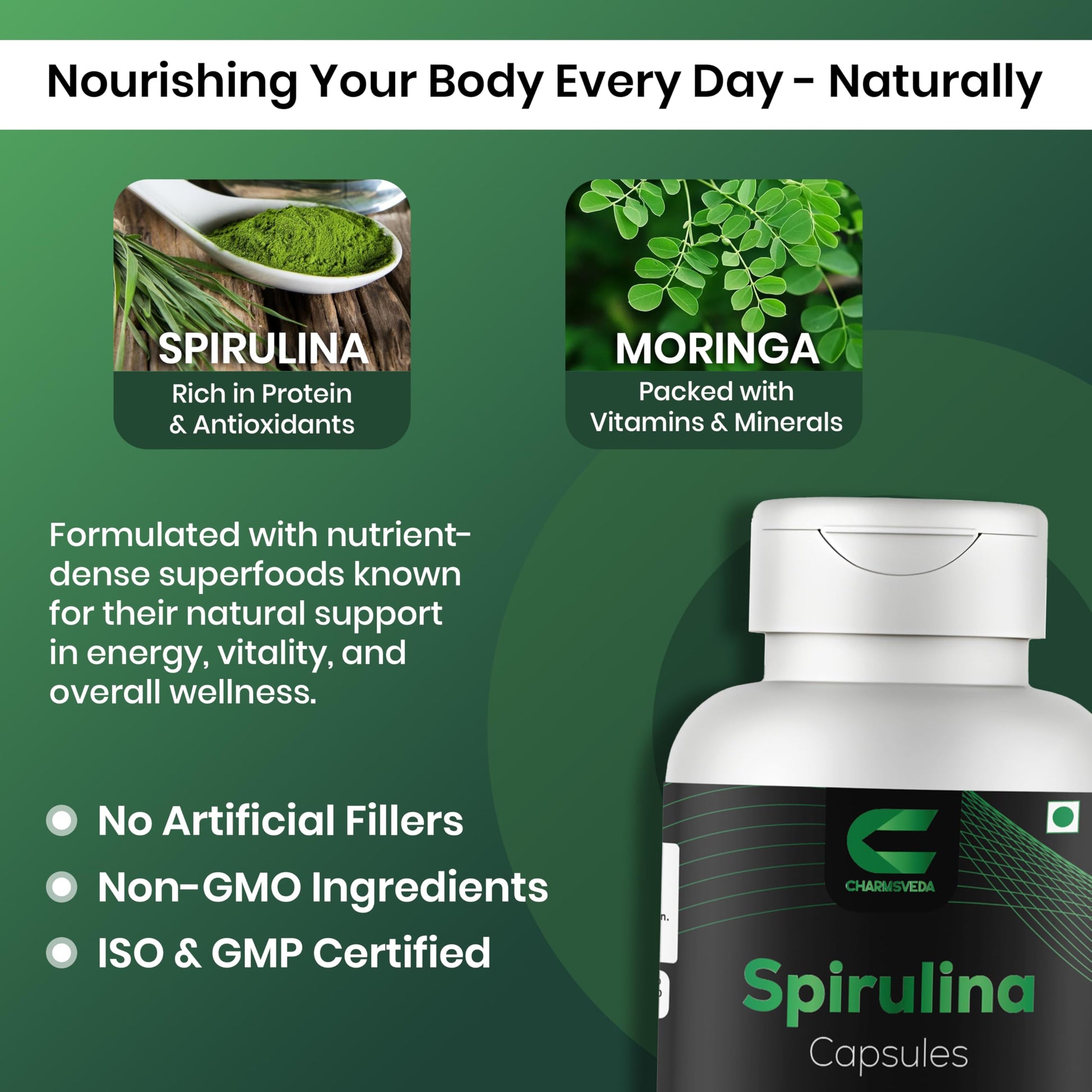 CHARMSVEDA Spirulina Capsules with Moringa – Herbal Immune Support* – 60 Vegan Capsules CHARMSVEDAAu supplements