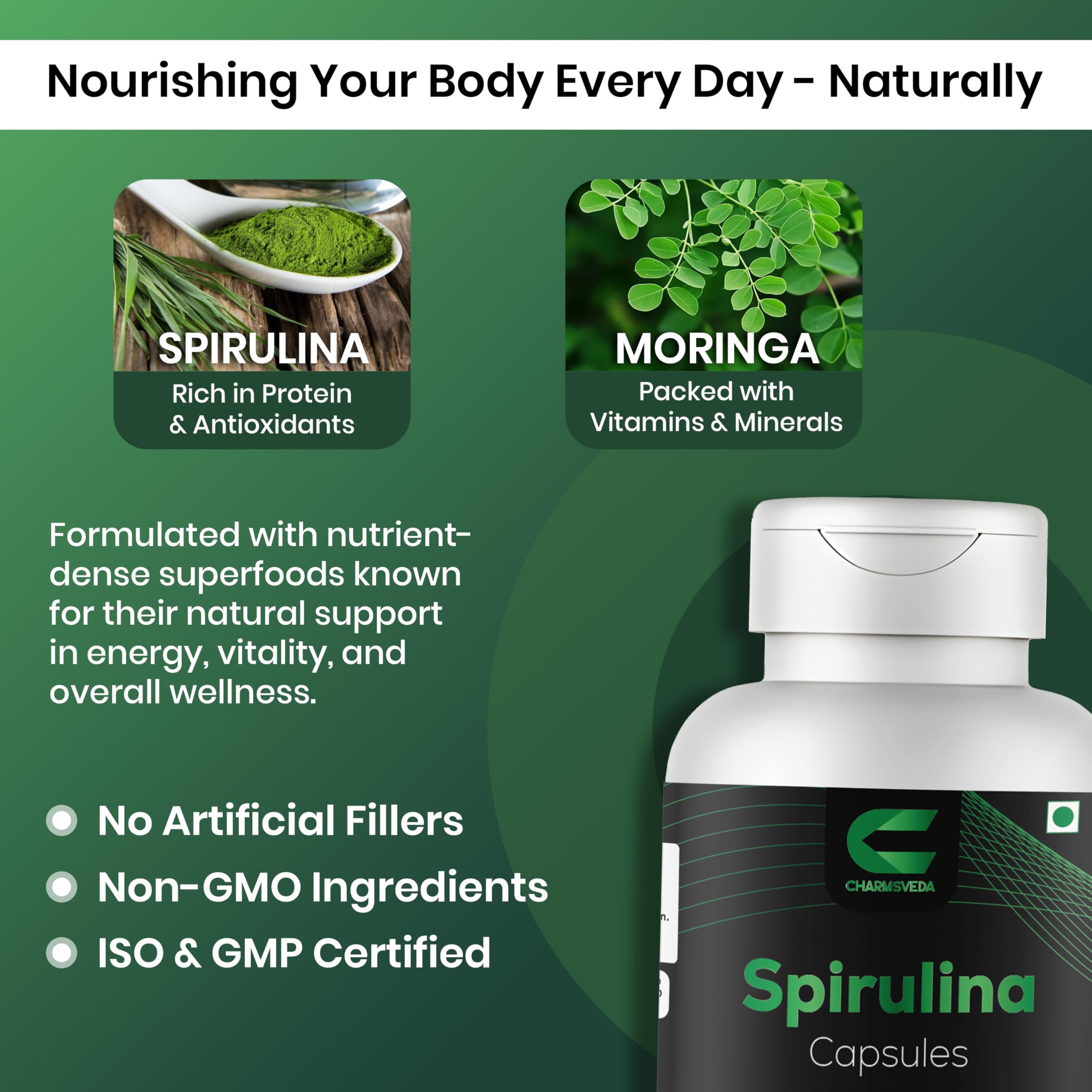 CHARMSVEDA Spirulina Capsules with Moringa – Herbal Immune Support* – 60 Vegan Capsules CHARMSVEDAAu supplements