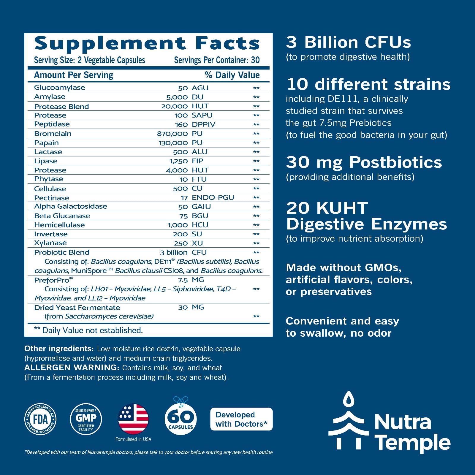 NUTRATEMPLE 4 in 1 Pre Post Probiotics & Digestive Enzymes for Women & Men - Digestive Health, Gut & Immune Support for Occasional Constipation, Diarrhea, Gas & Bloating – 60 Veggie Capsules NUTRATEMPLEAu supplements