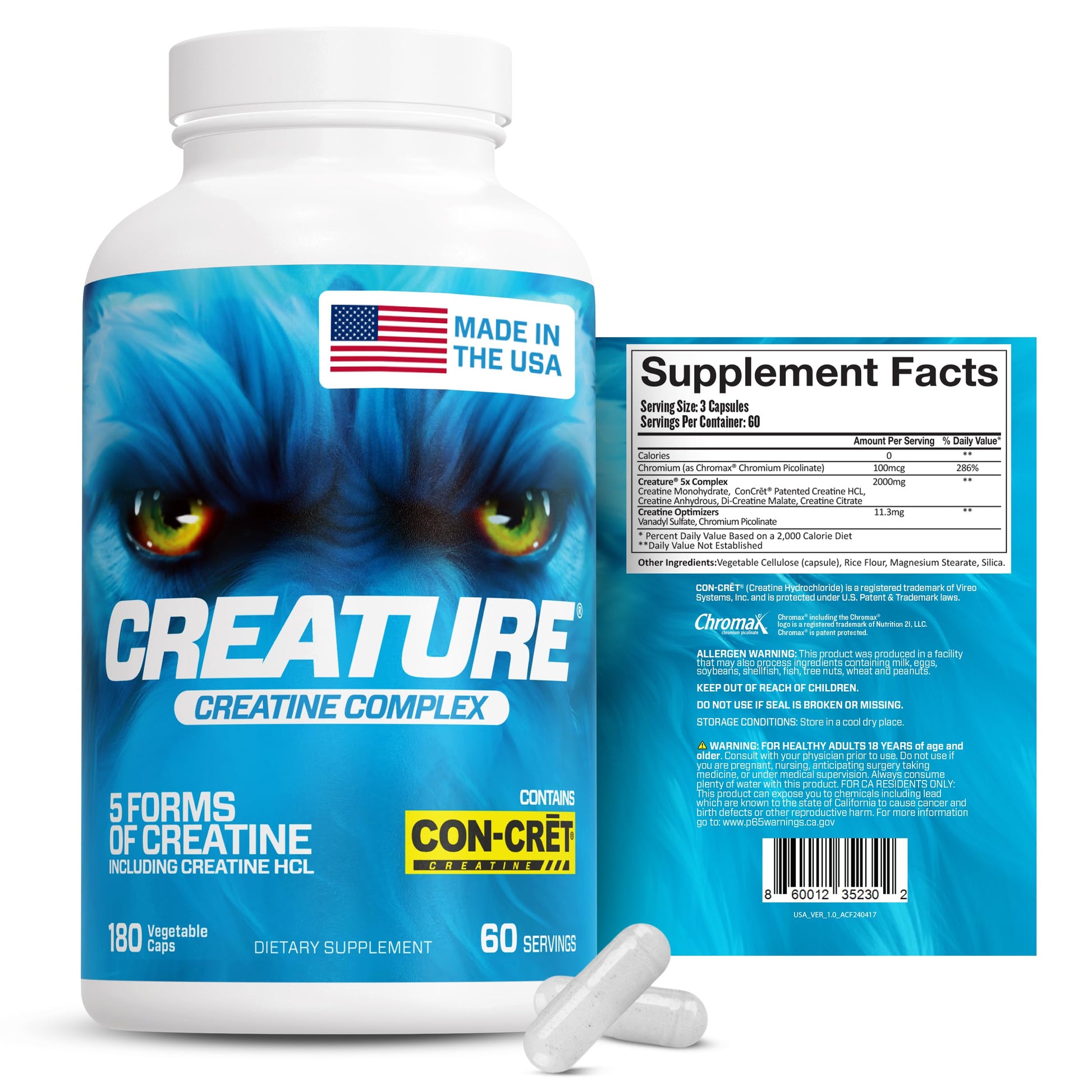 CREATURE® Creatine Complex - Creatine Monohydrate Capsules with 5 Types of Creatine Including Con-Crēt® Creatine HCL, Promotes Muscle, Strength, Endurance, Brain Health, 180 Veggie Caps, 60 Servings CREATUREAu supplements