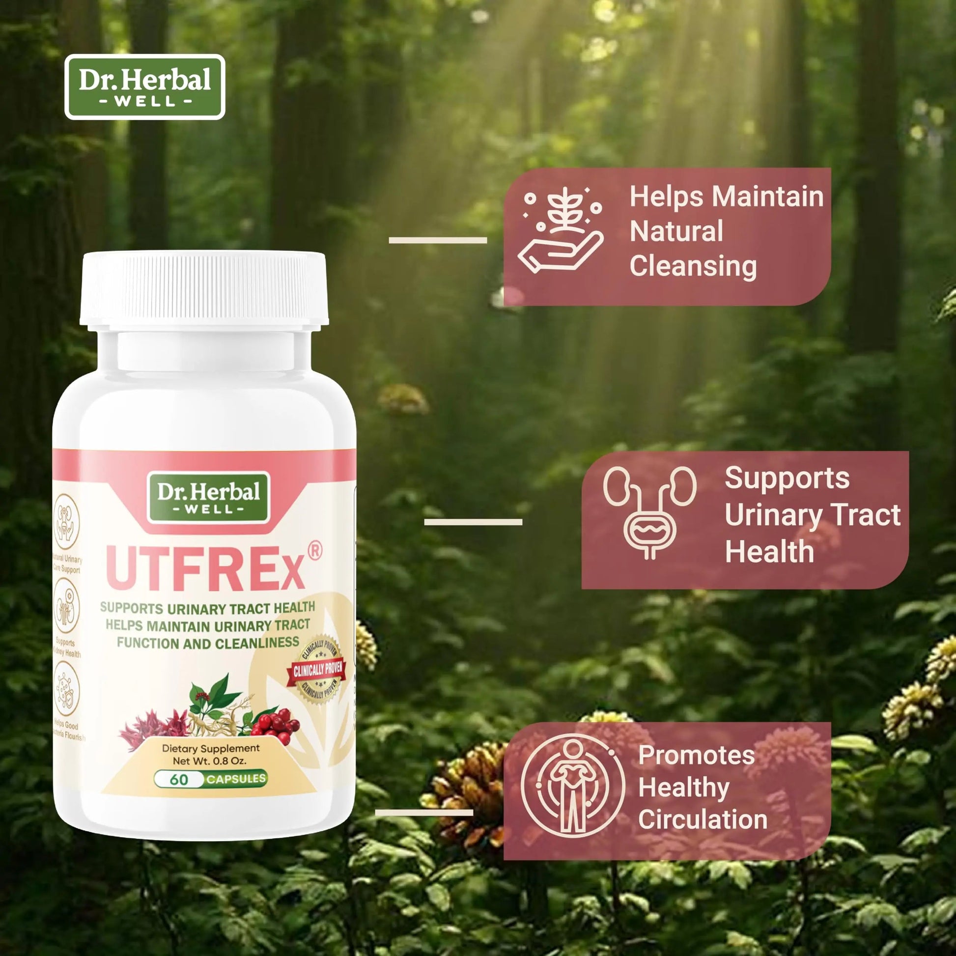 DR. HERBAL WELL UTFREX Clinically Proven Urinary Tract UTI Health Supplement Natural Support Cleanse Flush Protect (No Probiotics & D-Mannose) – 60 Capsules DR. HERBAL WELLAu supplements