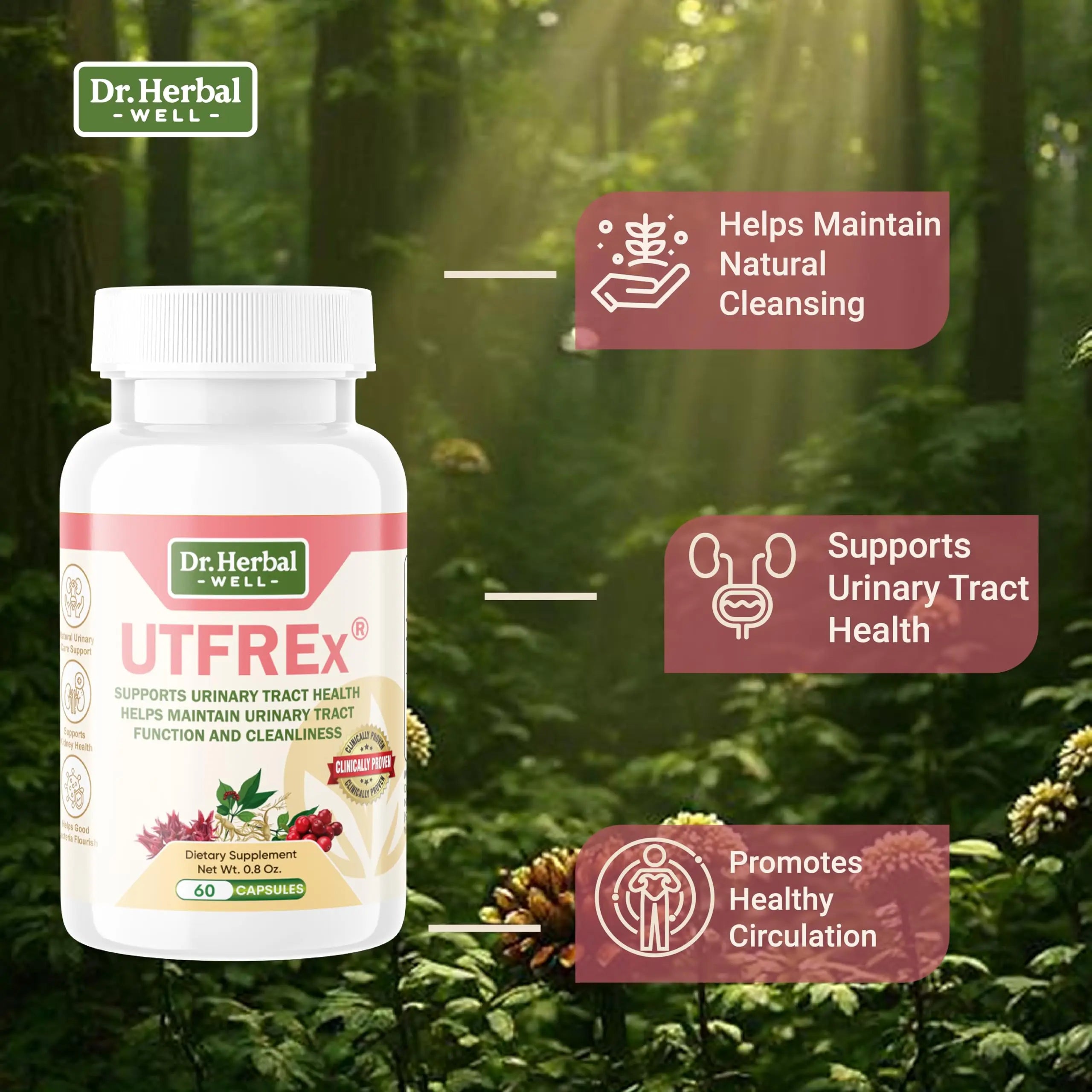 DR. HERBAL WELL UTFREX Clinically Proven Urinary Tract UTI Health Supplement Natural Support Cleanse Flush Protect (No Probiotics & D-Mannose) – 60 Capsules DR. HERBAL WELLAu supplements