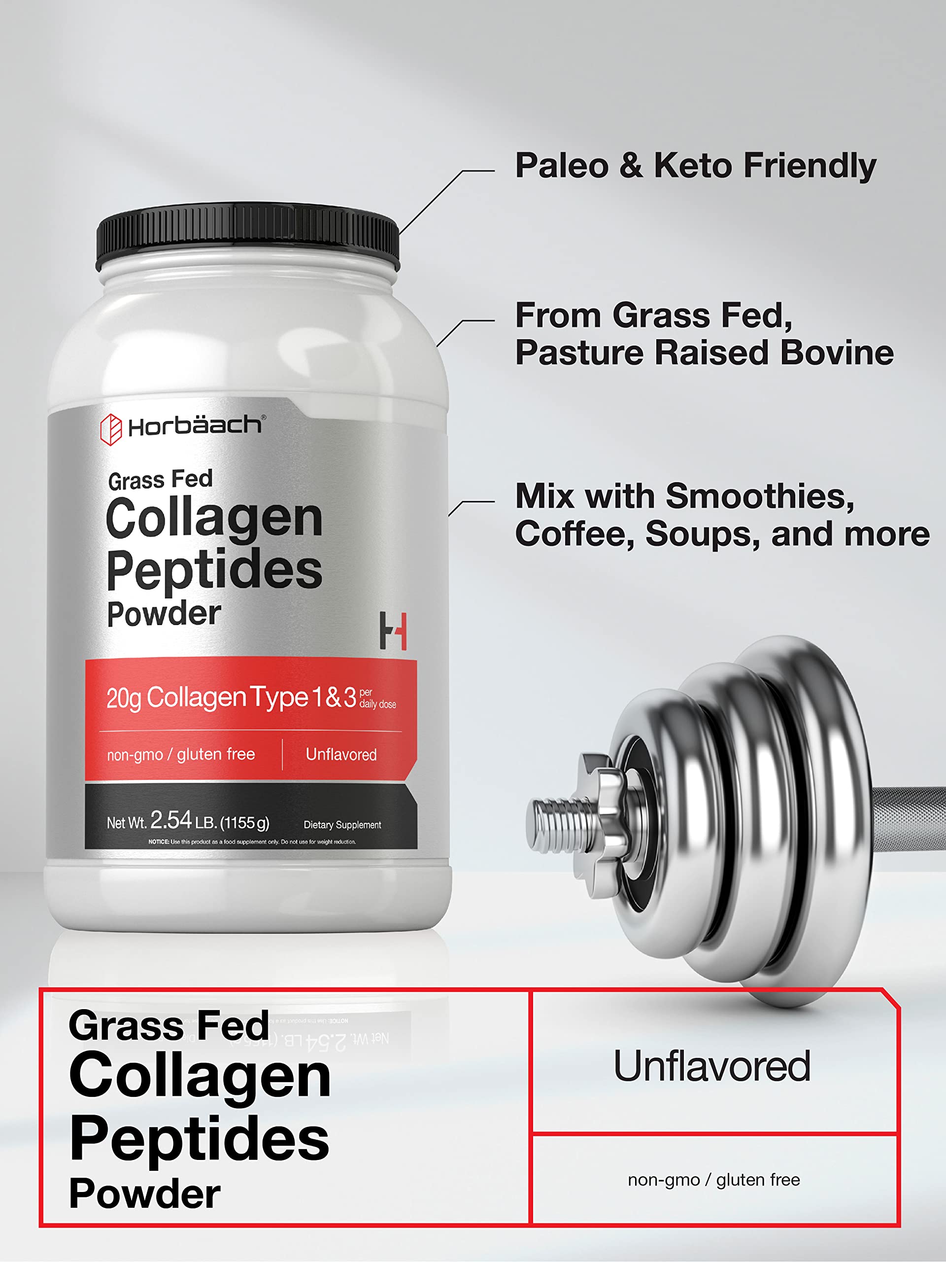 Collagen Peptides Powder 40 oz | Unflavored | Type 1 and 3 | Hydrolyzed Protein Collagen HorbäachAu supplements