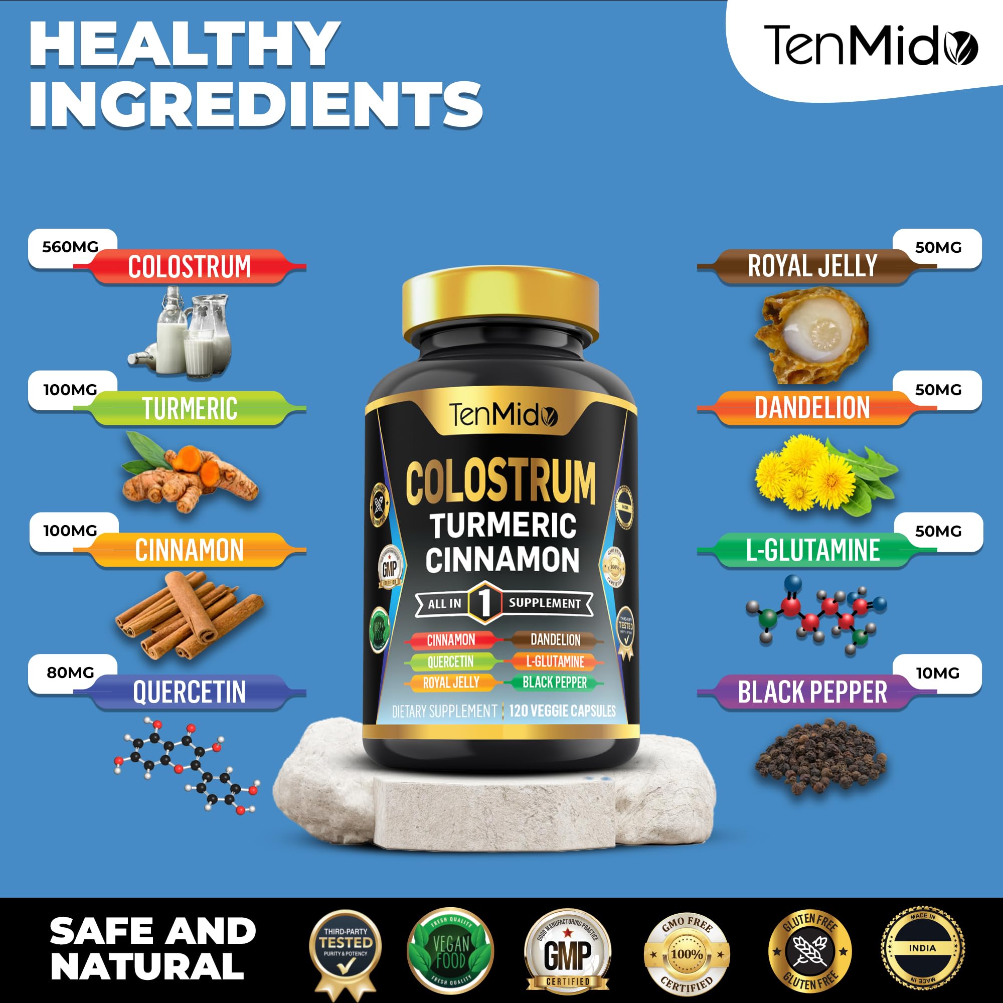 Tenmido Colostrum Supplement - 8in1 Formula - Combine with Turmeric, Ceylon Cinnamon, Quercetin, Royal Jelly, Dandelion, L- Glutamine, and Black Pepper - Digestive Health Support - 120 Capsules TenmidoAu supplements