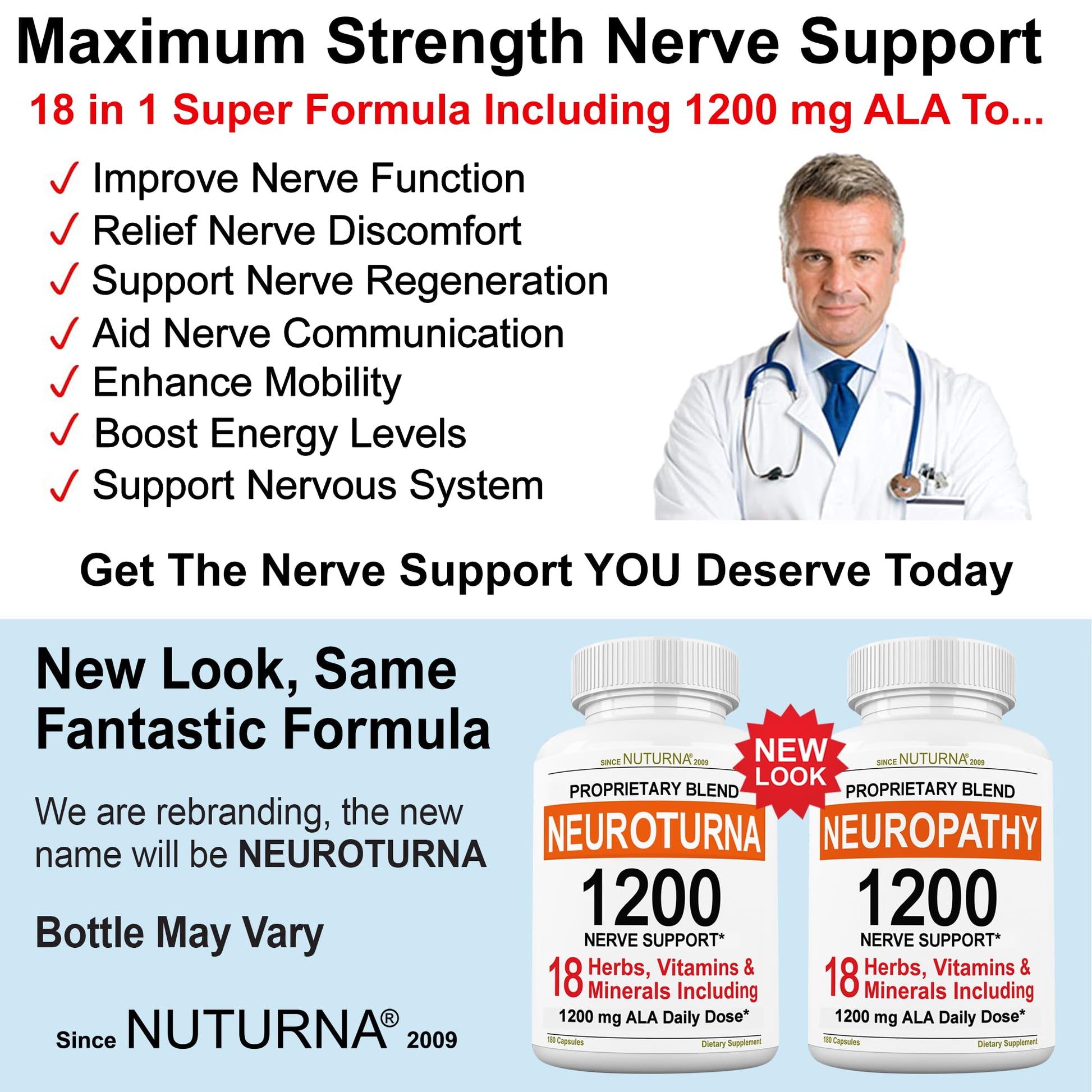 Neuroturna Support Supplement with 1200 mg Pure Alpha Lipoic Acid - Maximum Strength Formula with ALA + Vitamins + Minerals + Herbs - Best Natural Support - 180 Capsules NuturnaAu supplements