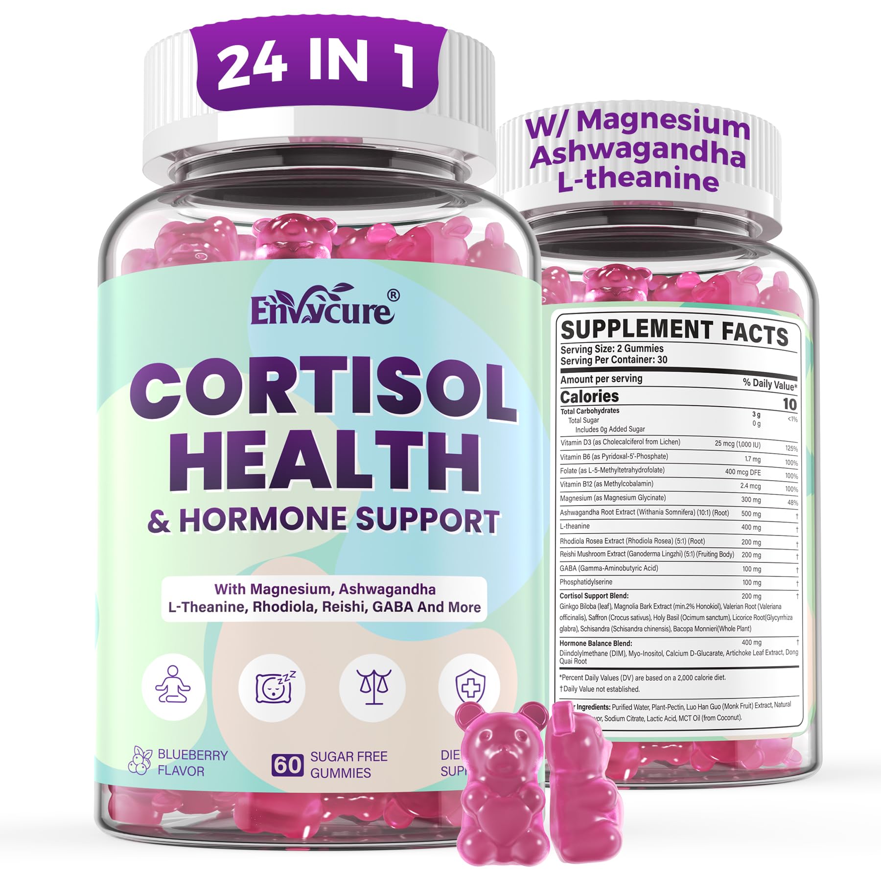 Cortisol Supplements for Women & Men, Cortisol Reducer Gummies w/ Magnesium, Ashwagandha, L-Theanine, Rhodiola, Reishi, 24 IN 1 Cortisol Detox Manager for Calm Mood, Focus & Relaxation,Vegan, 120 Cts EnvyCureAu supplements