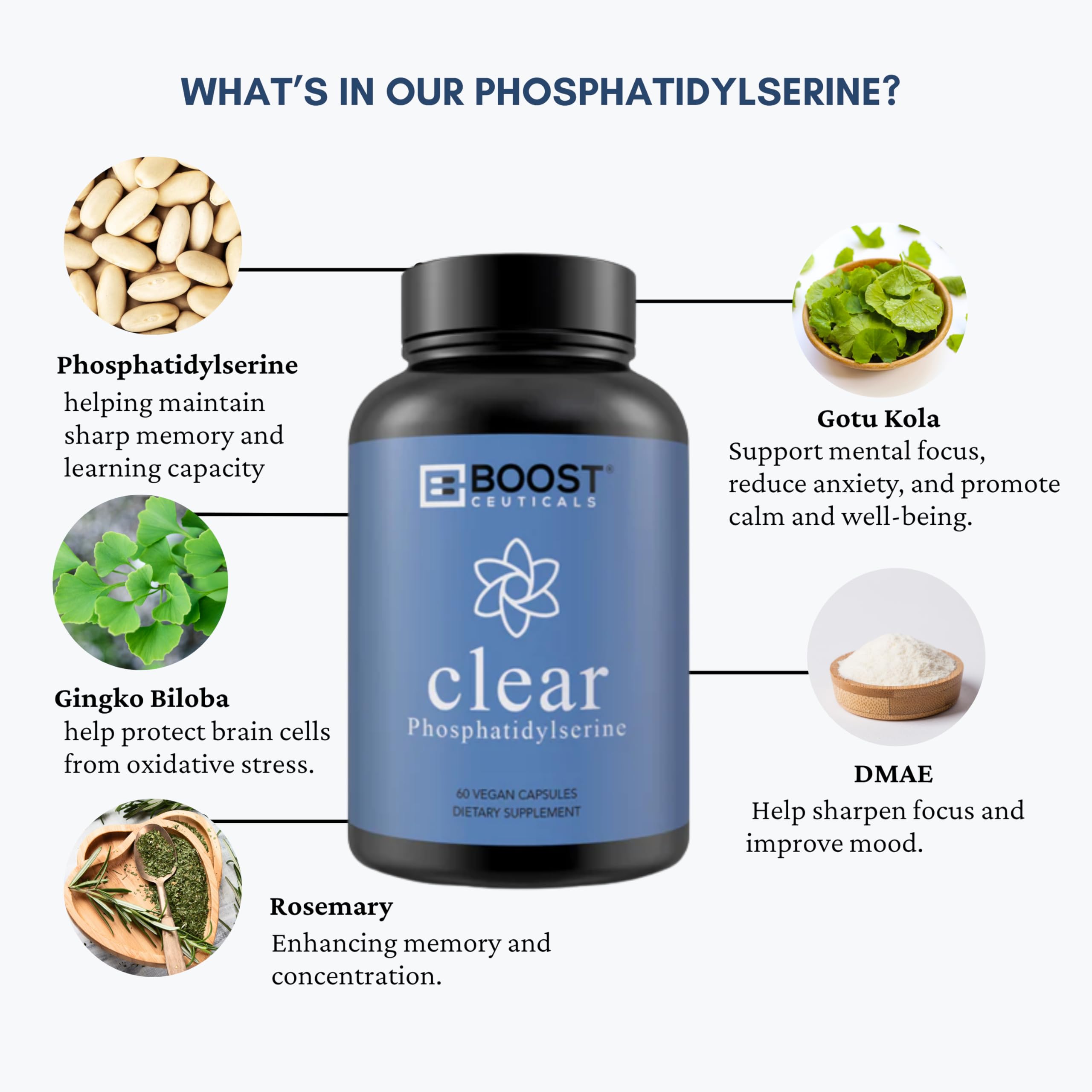 BoostCeuticals Phosphatidylserine 100mg with Ginkgo DMAE Gotu Kola - Memory, Stress & Cortisol Support, Cognitive Focus, Sleep Health, Brain Function Supplement, 90 Capsules BoostCeuticalsAu supplements
