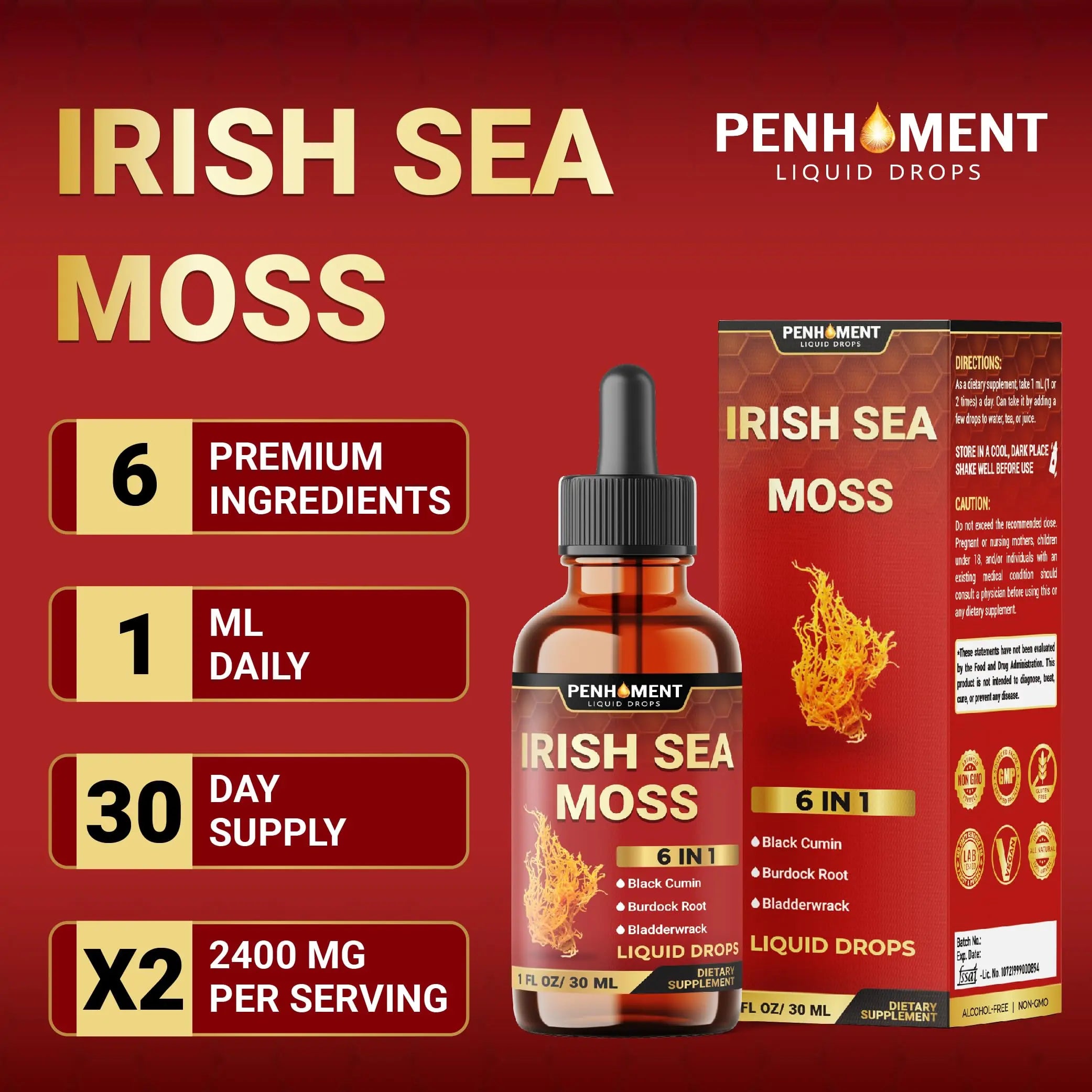 Penhoment 6in1 Sea Moss Drops with Black Seed Oil Irish Seamoss, Ashwagandha, Burdock Root & Bladderwrack - 1FL Oz - 30 Day Supply Penhomentnz supplements