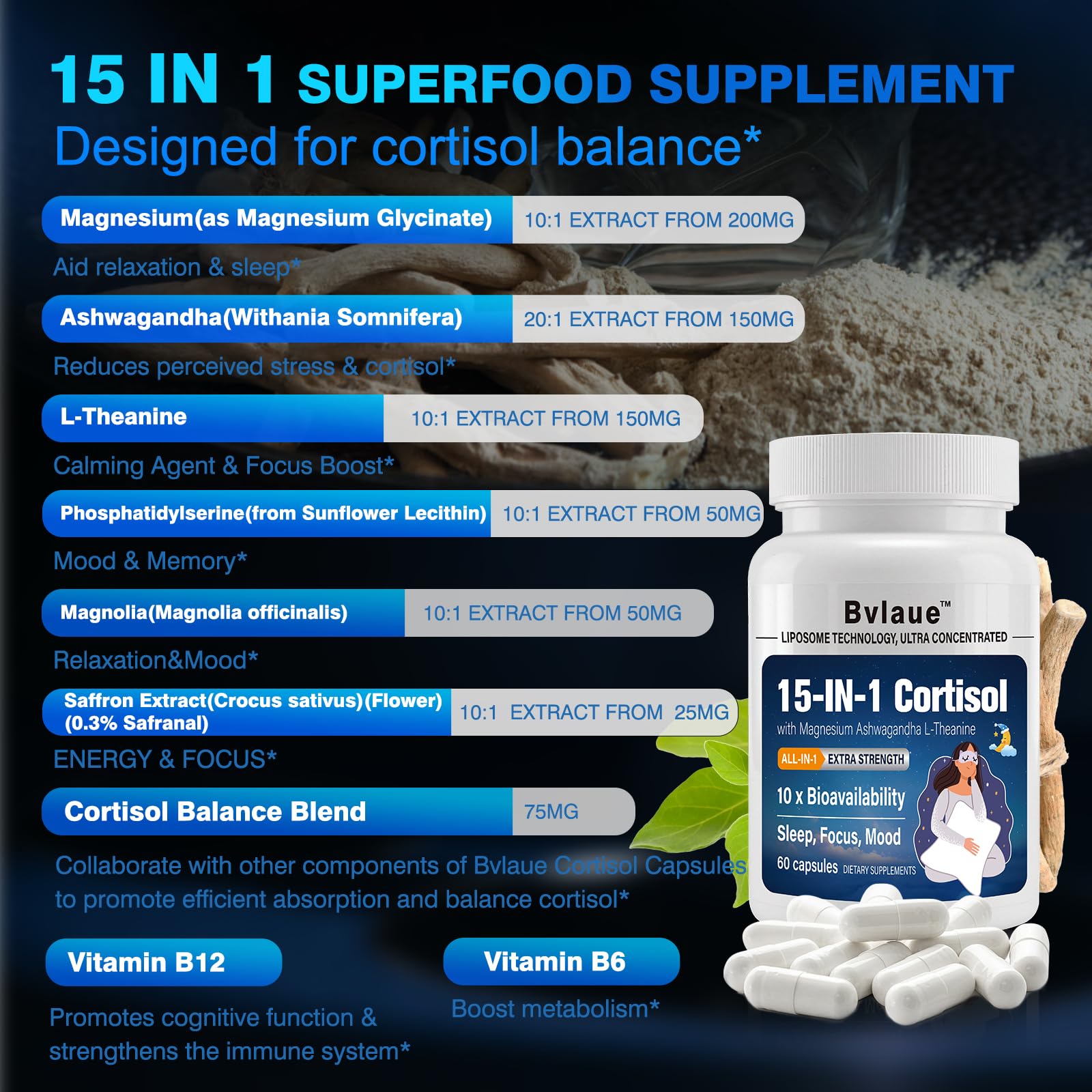 Bvlaue Cortisol Supplements for Women & Men - 15-in-1 Cortisol Reducer Manager Lower w/Ashwagandha,Magnesium,L-Theanine/Saffron Vitamin B6 & B12,60 Vegan CT for Stress Relief Sleep,Mood,Non-GMO BvlaueAu supplements