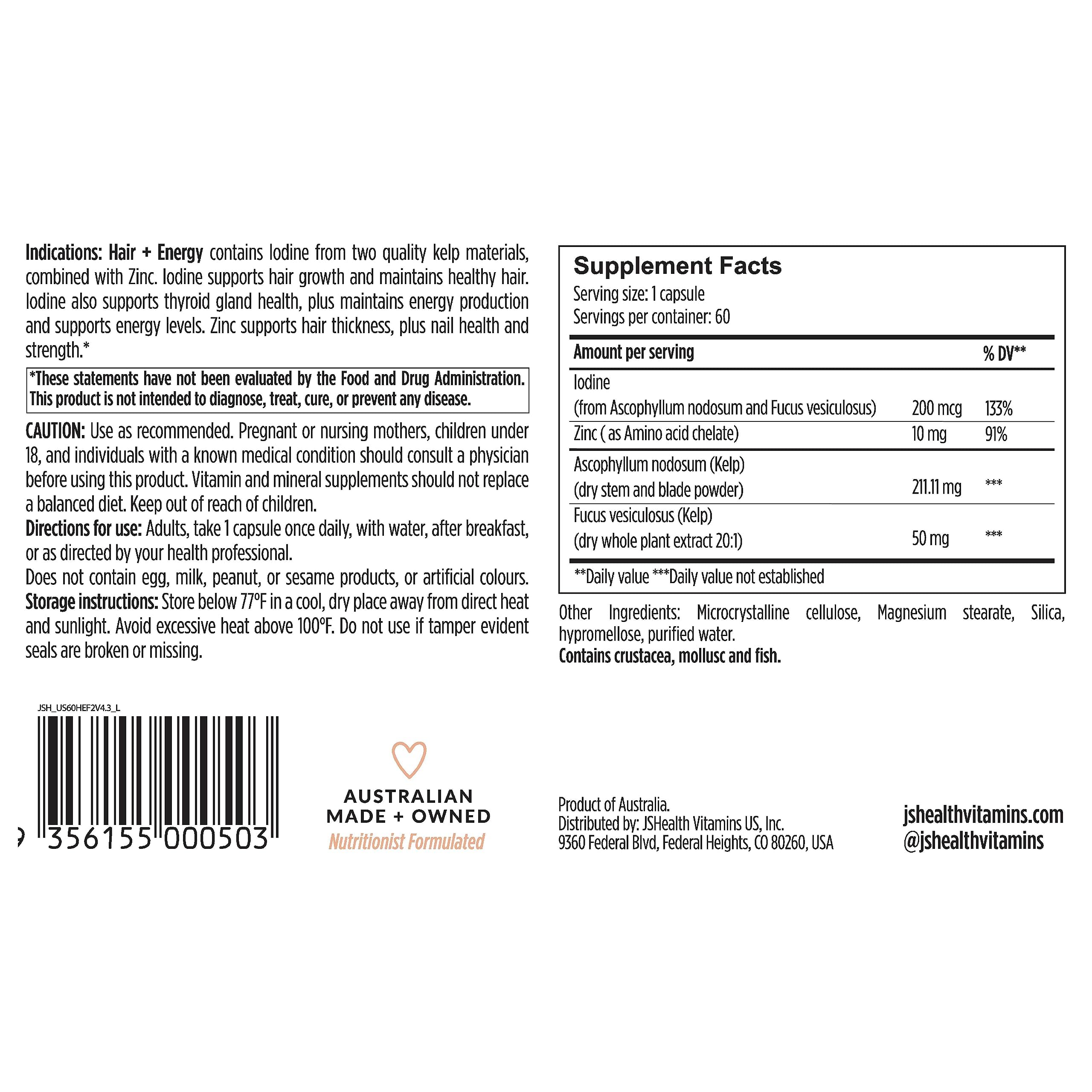 JSHealth Hair Growth Vitamins for Women. Hair + Energy with Kelp Iodine and Zinc. Supports Thickness, Strength, Energy. Nutritionist-Formulated (60 Capsules) JSHealthAu supplements