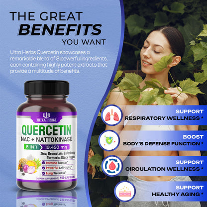 Quercetin 19,450mg 8 IN 1 with NAC, Nattokinase, Zinc, Bromelain, Elderberry, Turmeric ULTRA HERBSUS supplements