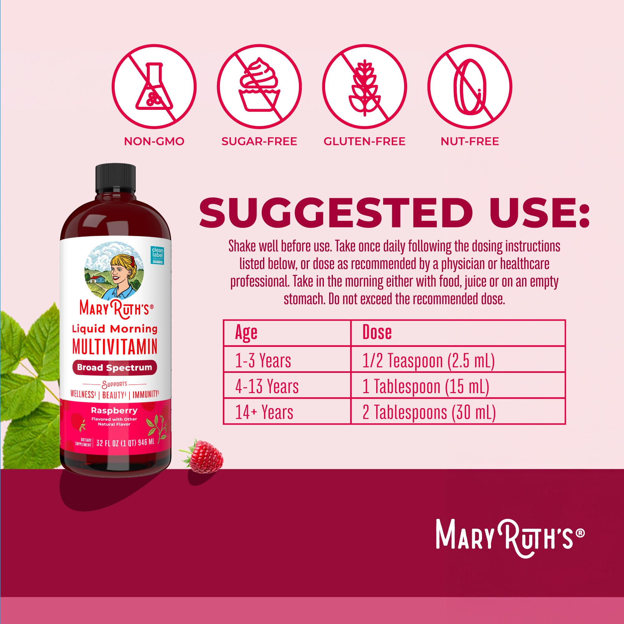 MARYRUTH'S Liquid Morning Multivitamin for Women, Men & Kids | Vitamin A C D E B6 B12 Biotin Zinc | Beauty | Vegan | Non-GMO | Gluten Free | 32 Servings MARYRUTH'SUS supplements