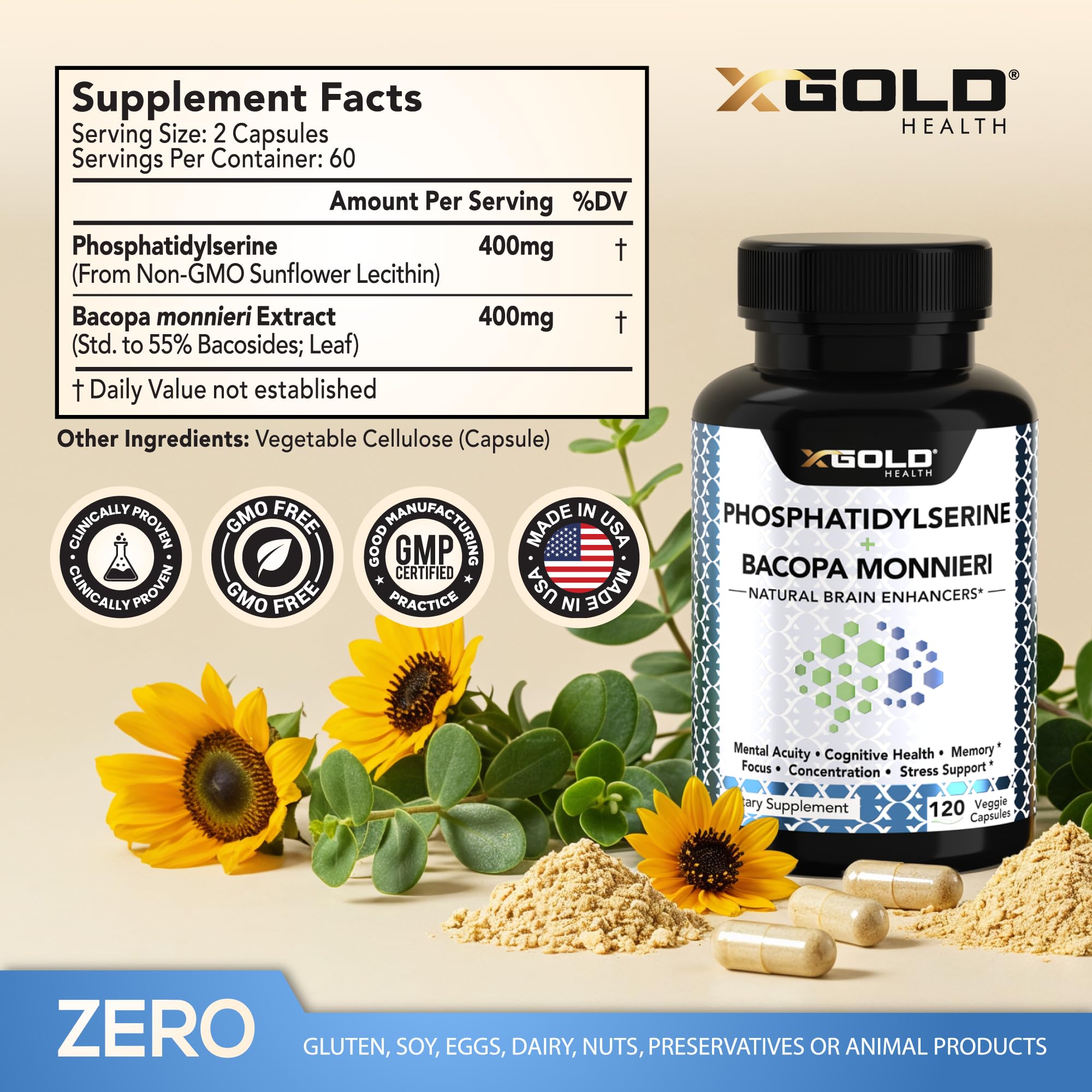 PhosphatidylSerine & Bacopa Monnieri 800 mg 2 in 1 Supplement - Natural Brain Enhancer/Nootropic for Enhanced Focus and Concentration, Memory Support, & Cognitive Function - 120 Vegetarian Capsules X Gold HealthAu supplements