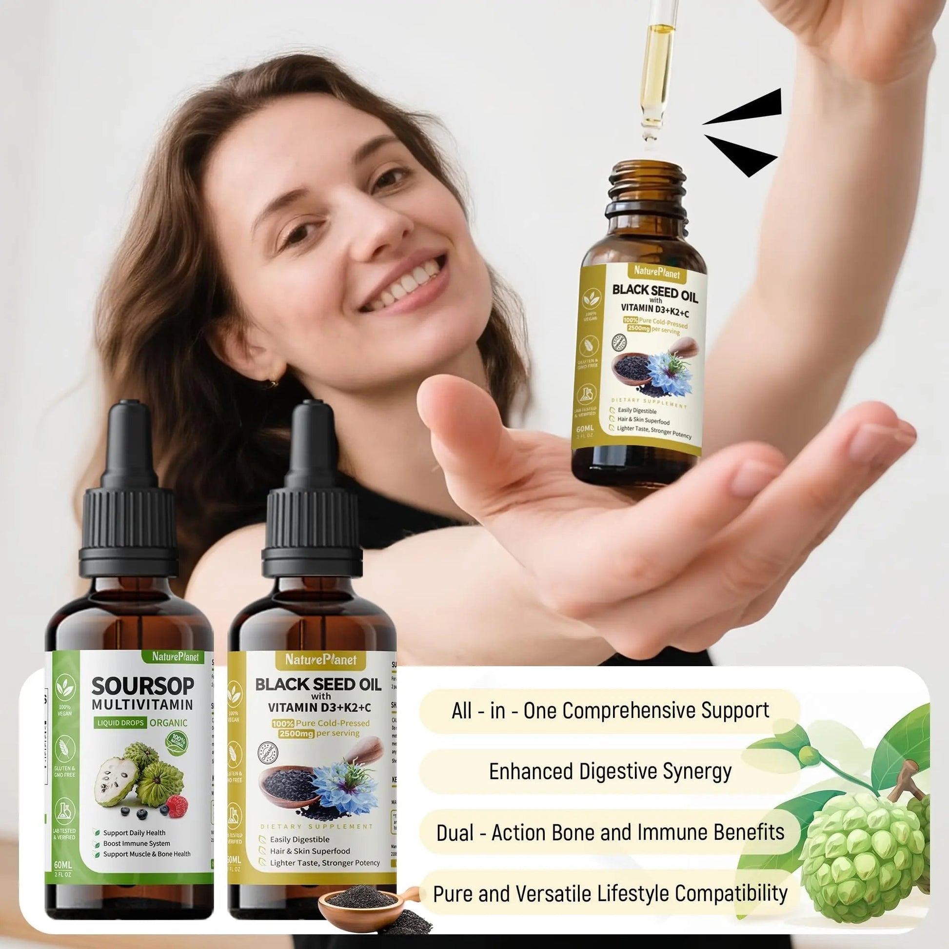 NaturePlanet Organic Soursop Bitters and Black Seed Oil Drops Bundles with Vitamins D3, K2, B6, C | NaturePlanetAu supplements