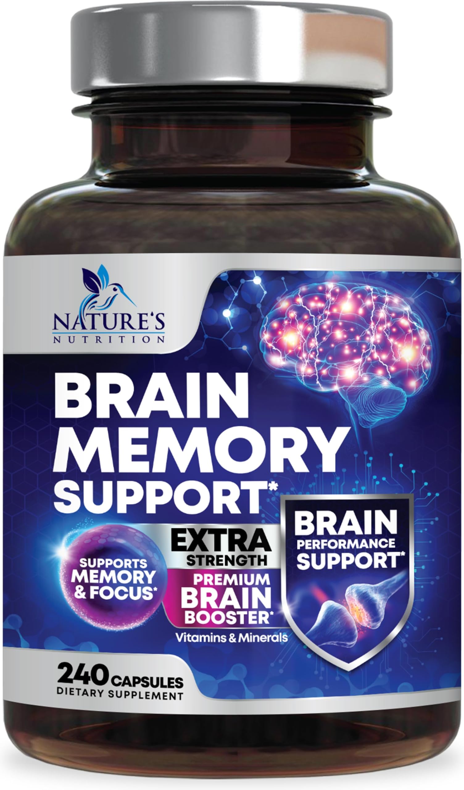 Brain Memory Supplement Pills - 3X Strength Nootropics for Concentration, Clarity & Focus Support - Brain Health Cognitive Vitamins with Bacopa, Phosphatidylserine & DMAE, Brain Booster - 240 Capsules Nature's NutritionAu supplements