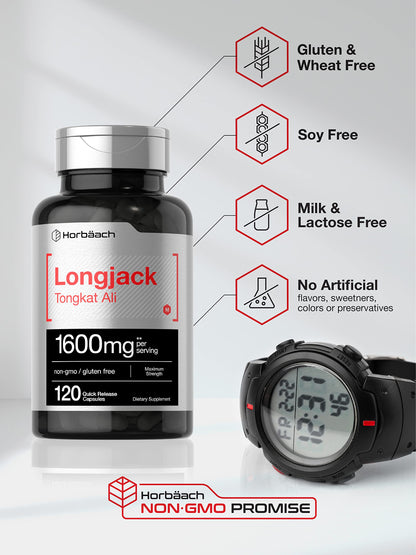 Longjack Tongkat Ali 1600 mg | 120 Capsules | Longifolia Root Extract Powder | Maximum HorbäachUS supplements