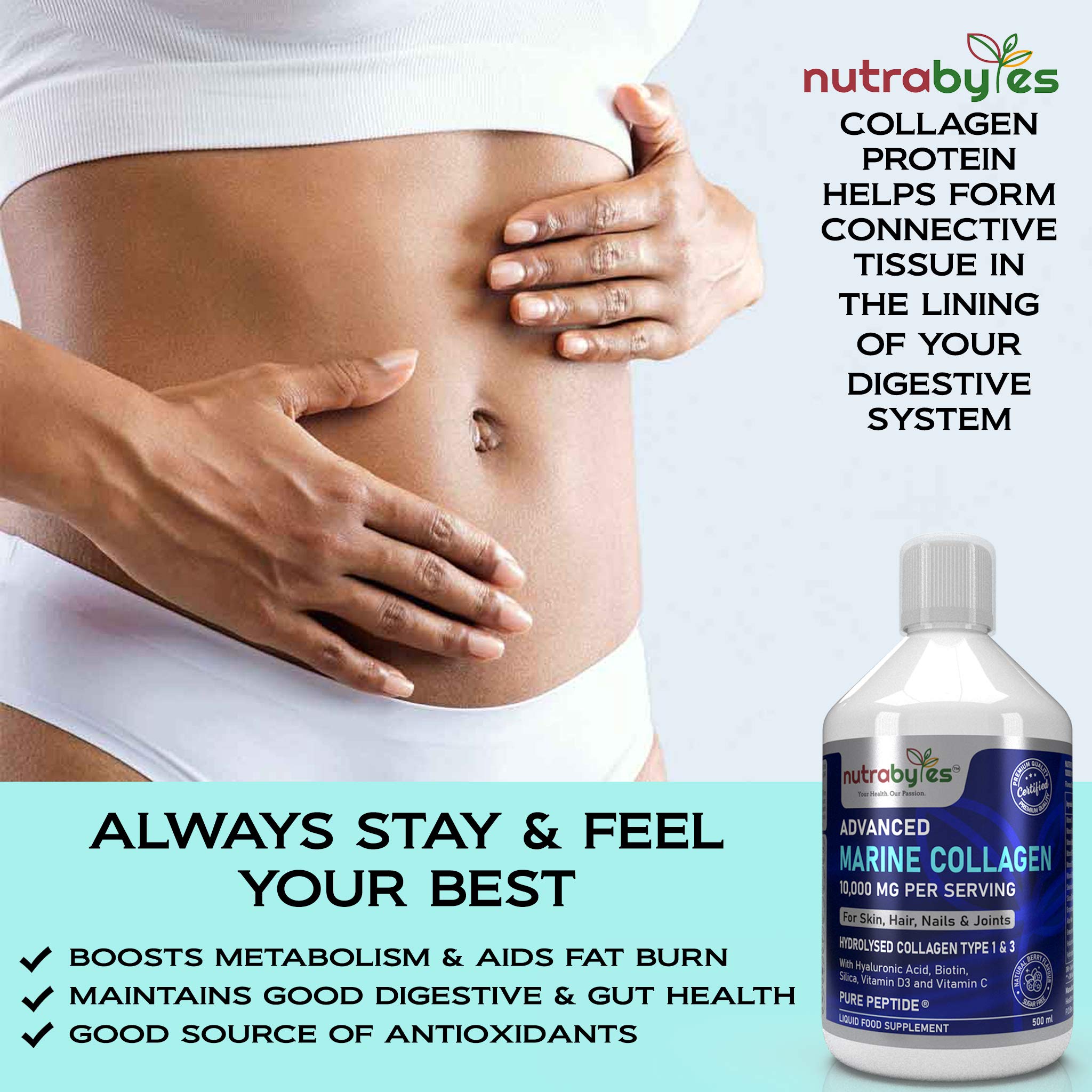 Marine Collagen Liquid 10000mg Sugar Free, Hydrolysed Peptides | Hyaluronic Acid, Biotin, Silica, Vitamin C, Vitamin D3 NUTRABYTESAu supplements