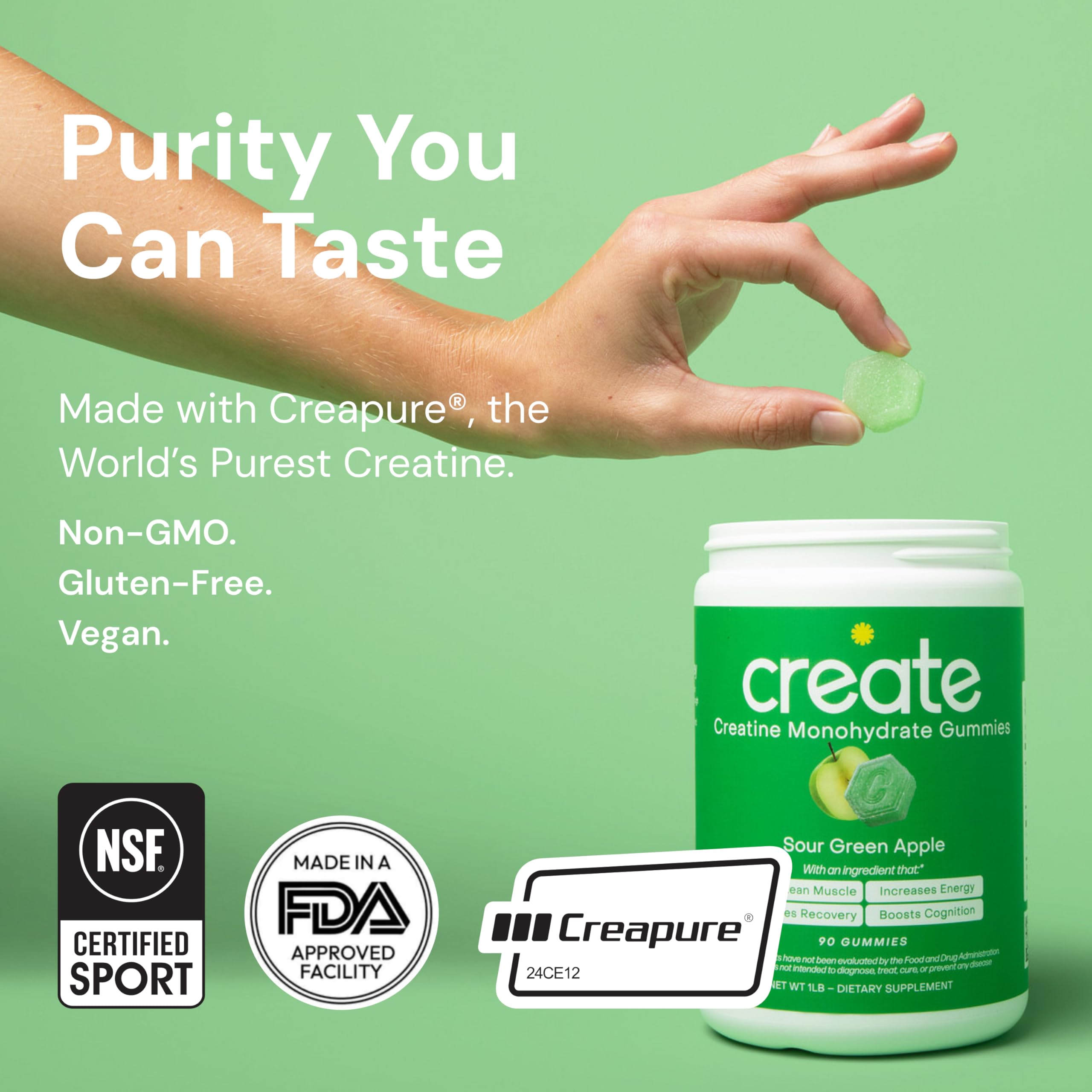 Create Creatine Monohydrate Gummies for Men & Women, Boost Focus, Strength, and Endurance, Anti-Melting Formula, Vegan, Gluten-Free, Non-GMO, 1.5g of Creatine per Gummy (Sour Green Apple) CreateAu supplements