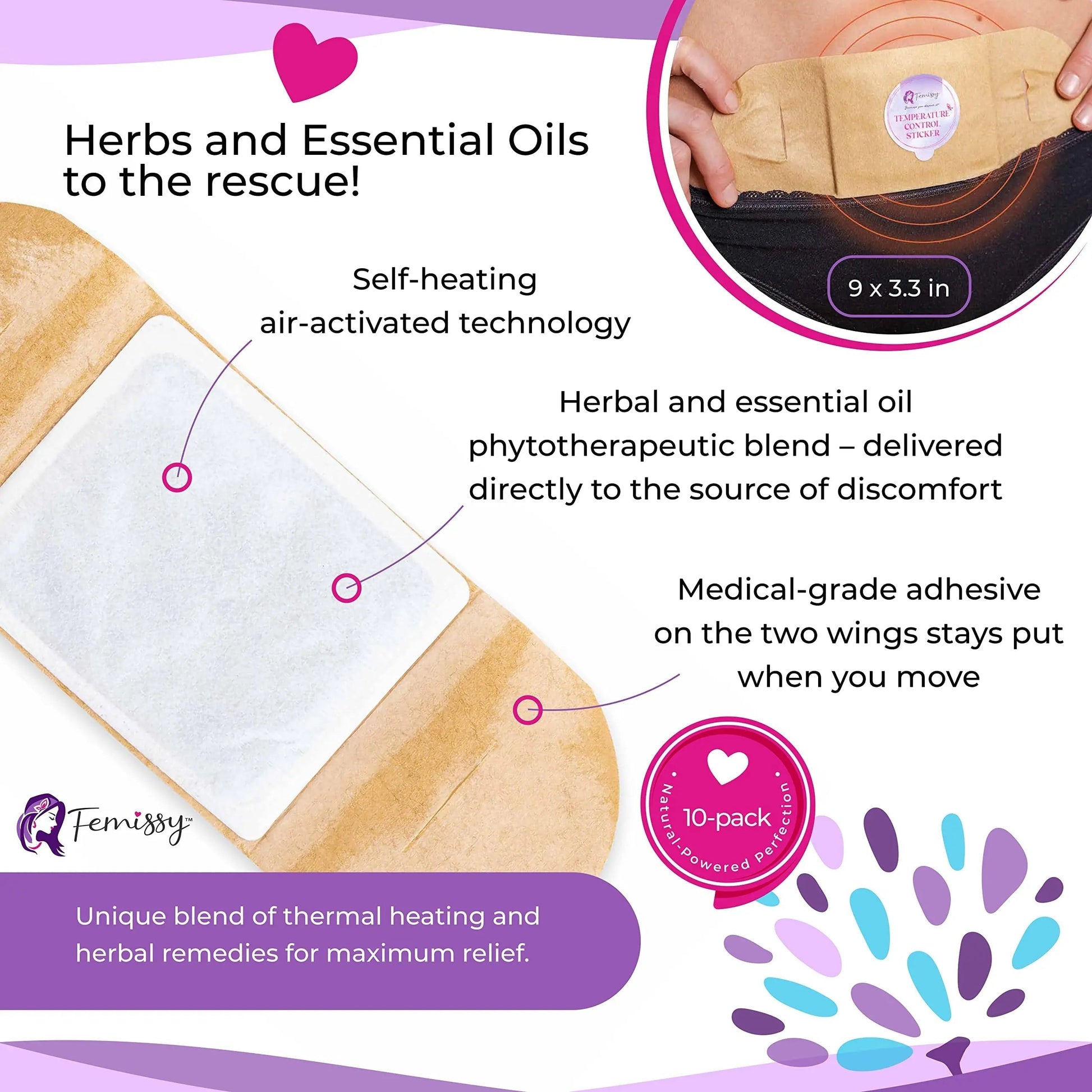 Heat Patches for Menstrual Cramps Based on Flow Strength, 10 Period Patches for Weak & Normal Flow & 1 Single Patch with Natural Herbs & Oils; Disposable Stick On Heating Pads Cramp-Free Period FemissyAu supplements