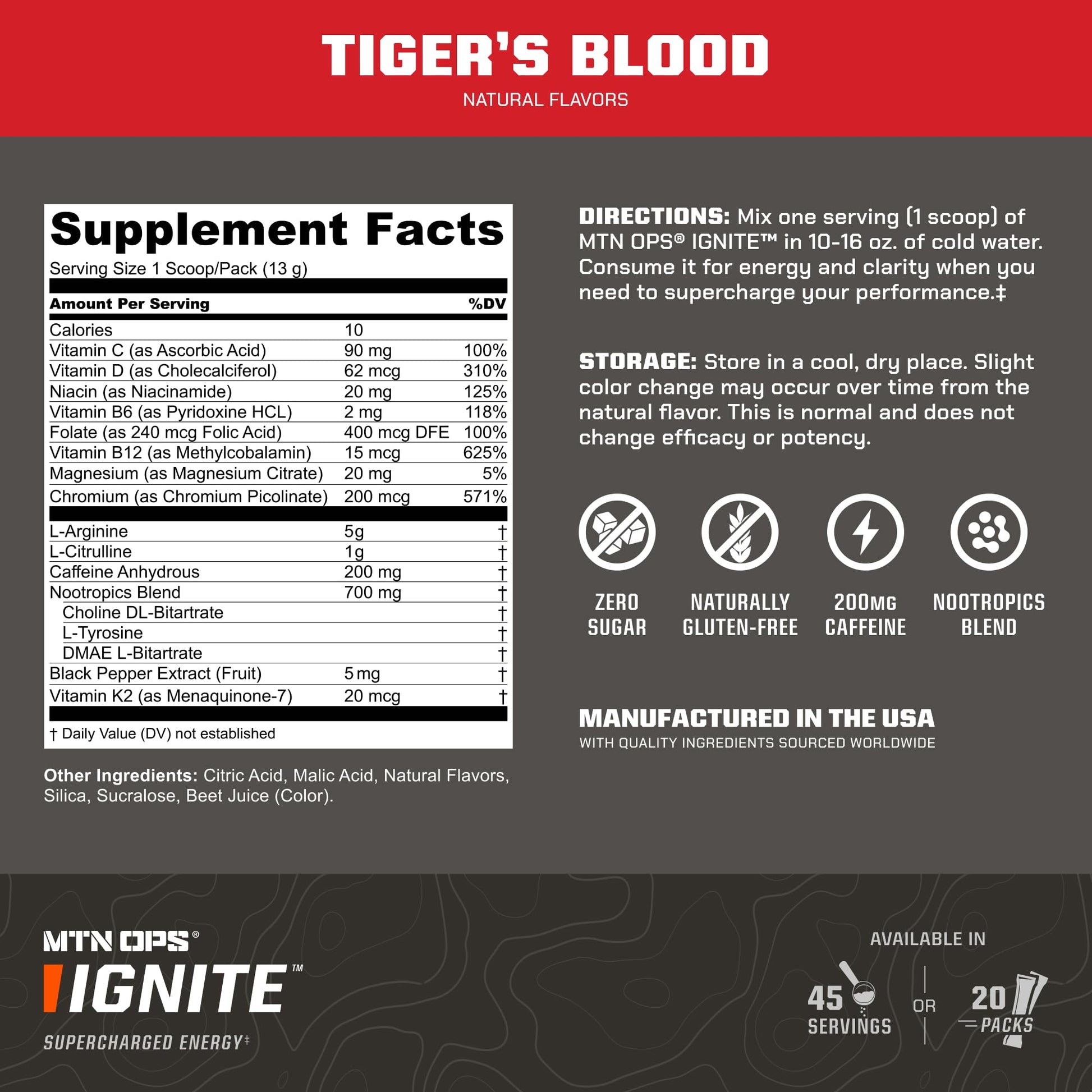 MTN OPS Ignite Trail Packs Energy Drink Powder, Gluten Free Nootropic Supplement Drink Mix, L Arginine, L Citrulline, Caffeine & Nootropic Sugar Free Drink Mix, 20 Servings, Tiger's Blood MTN OPSAu supplements