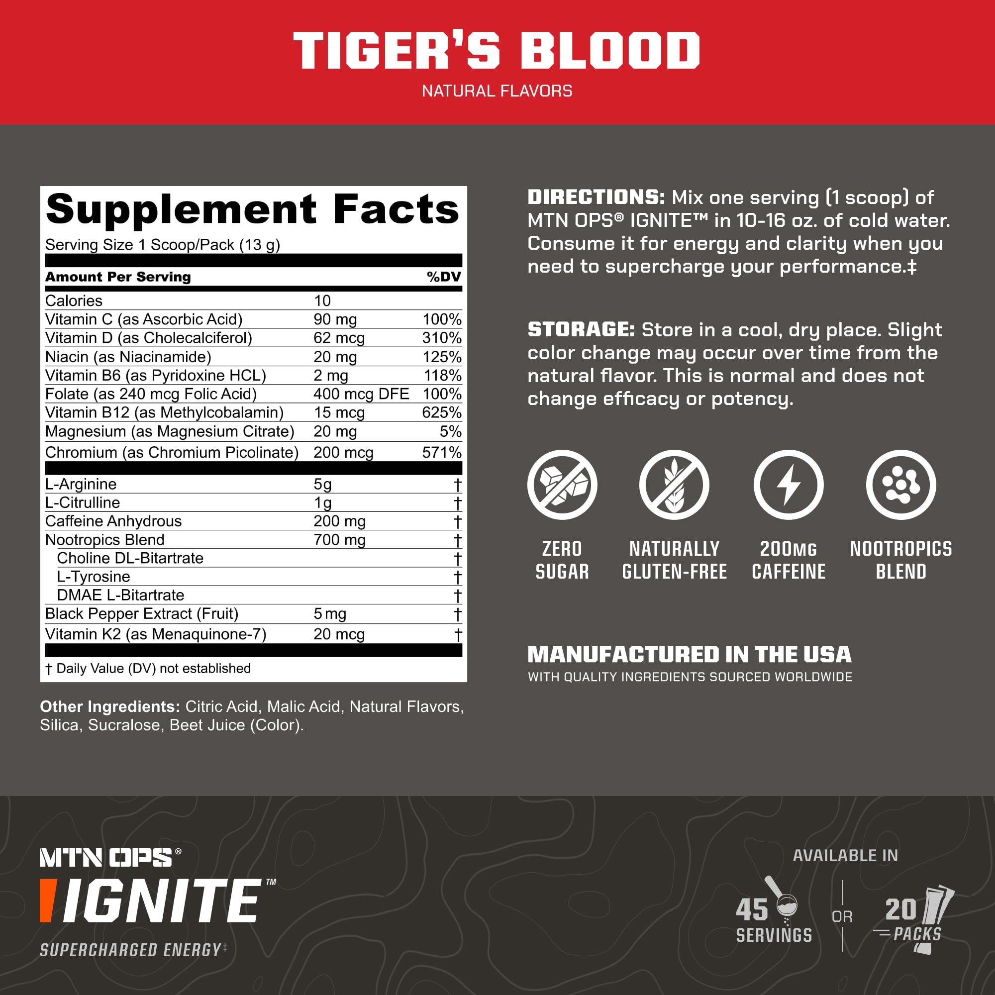 MTN OPS Ignite Trail Packs Energy Drink Powder, Gluten Free Nootropic Supplement Drink Mix, L Arginine, L Citrulline, Caffeine & Nootropic Sugar Free Drink Mix, 20 Servings, Tiger's Blood MTN OPSAu supplements