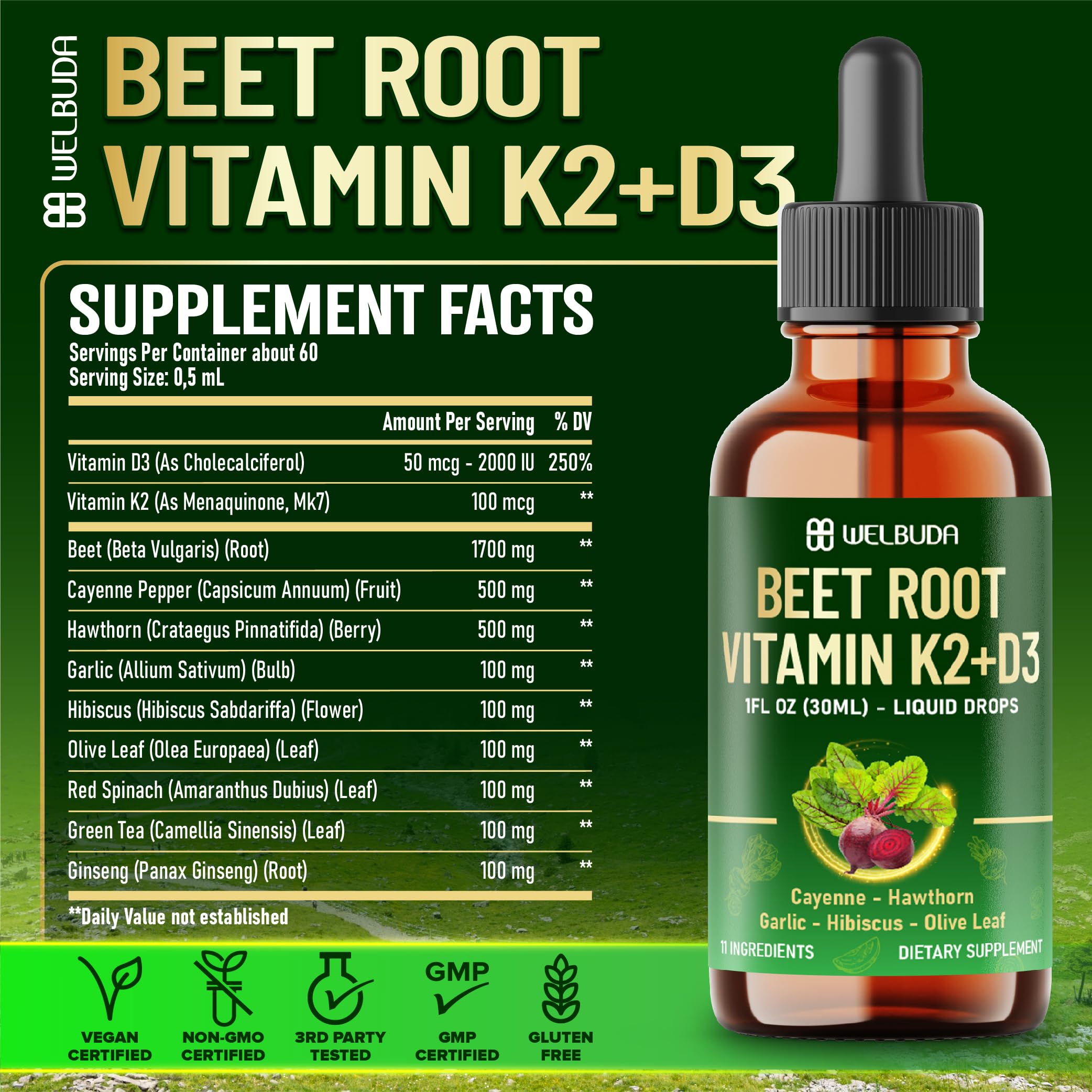 11in1 Beet Root Liquid Supplement - for Support Immune, Energy - with Vitamin D3, Vitamin K2, Hawthorn Berry, Cayenne Pepper, Garlic, Hibiscus, Olive, Red Spinach, Green Tea - 1 FL Oz - 30 Servings WELBUDAAu supplements