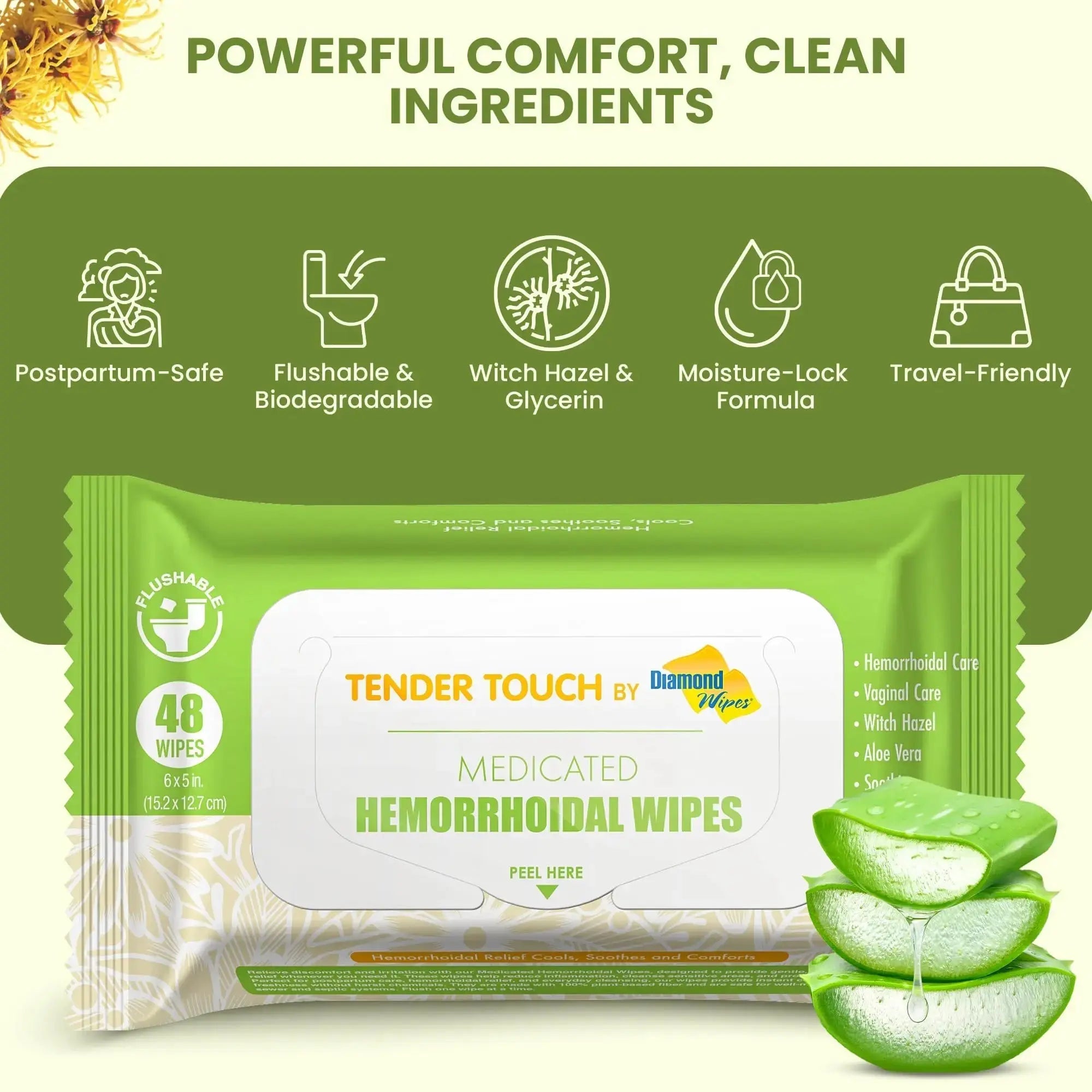 Tender Touch Hemorrhoid Wipes with Witch Hazel and Aloe, Flushable Medicated Wipes for Hemorrhoid and Vaginal Relief - Postpartum-Safe, Fragrance-free, Travel Size, 1 Pack, 48-ct. Diamond WipesAu supplements