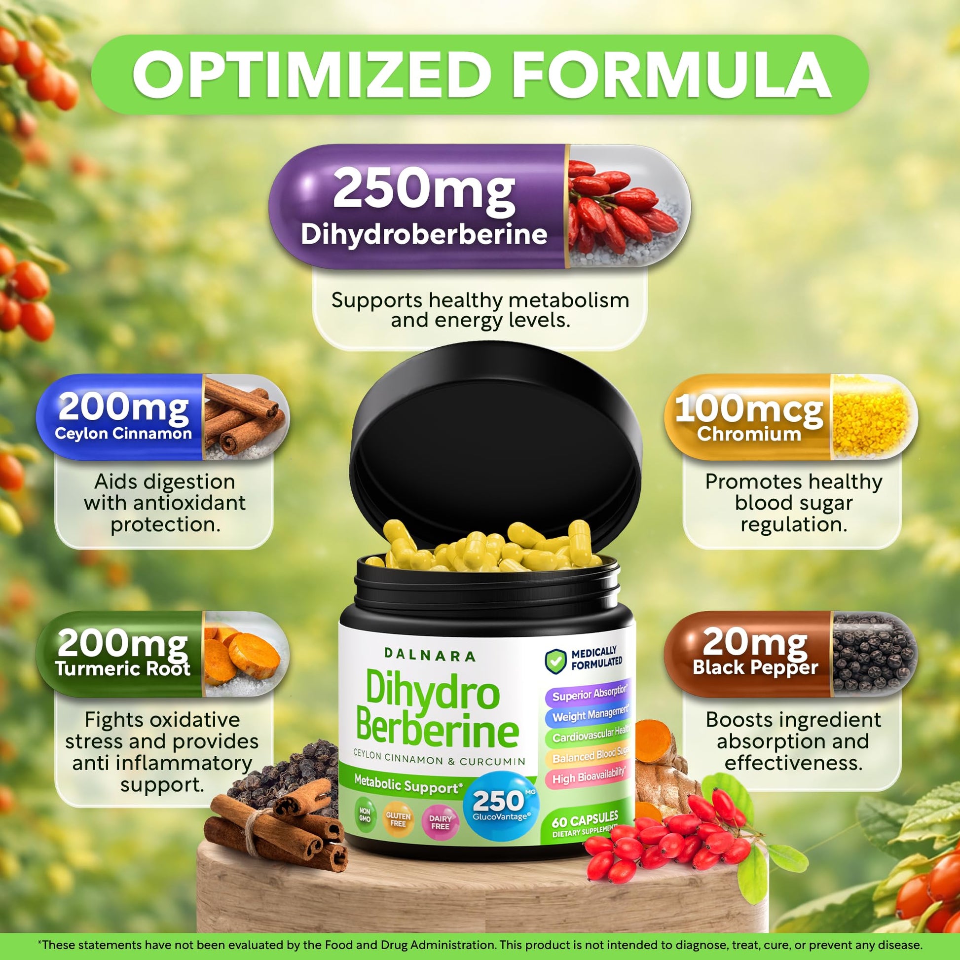 Dalnara Dihydroberberine Capsules 250mg, 60 Count - Supports Metabolic Wellness & Balanced Energy, Non-GMO,Dihydroberberine Supplement DalnaraAu supplements