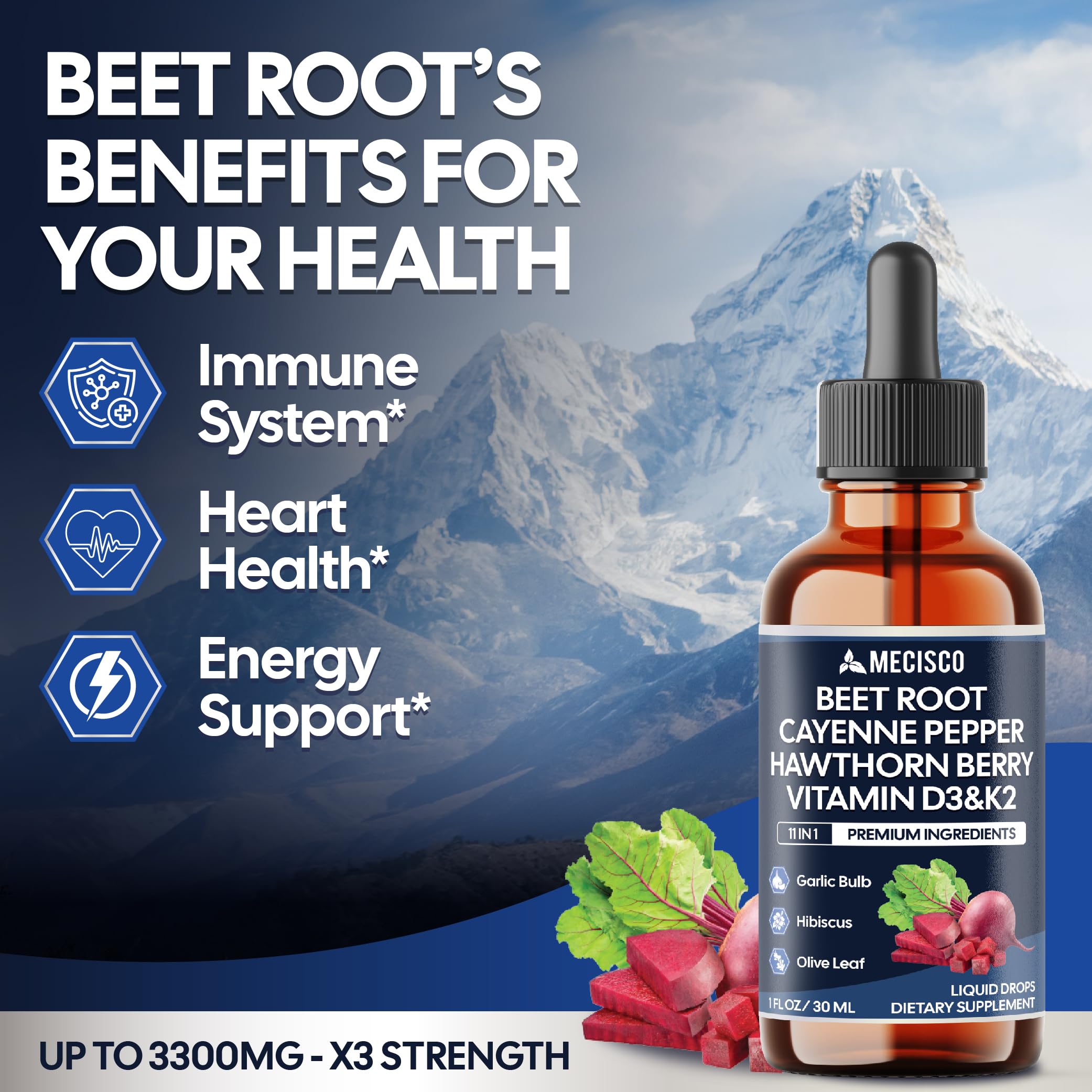 11in1 Beet Root Liquid Drops - Support Overall Wellness - with Vitamin D3, Vitamin K2, Hawthorn Berry, Cayenne Pepper, Garlic, Hibiscus, Olive, Red Spinach, Green Tea - 1 FL Oz - 60 Day Supply MeciscoAu supplements