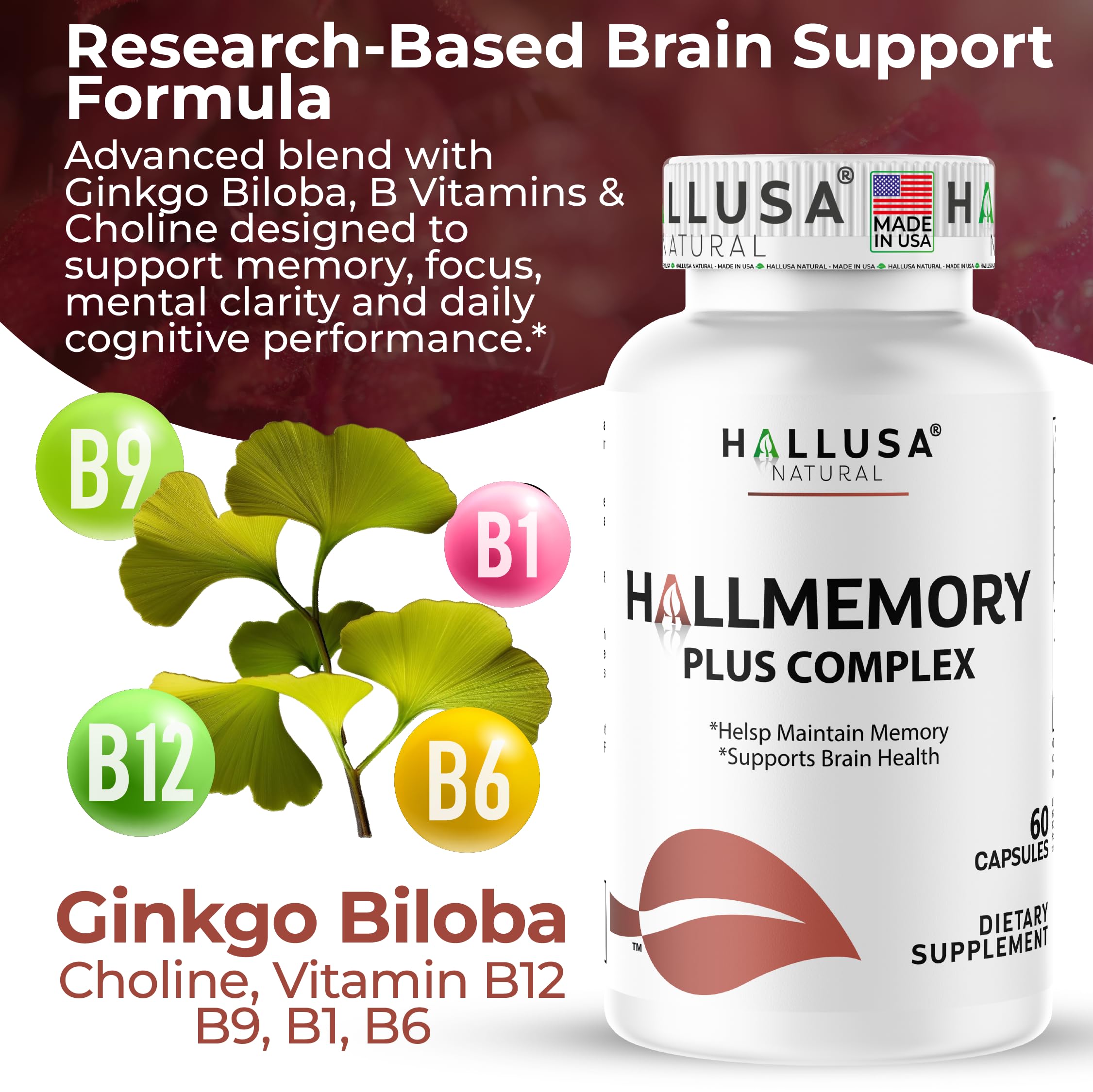Hallusa Natural Brain Health Supplement Capsules 1680mg, Ginkgo Biloba, B Vitamins & Choline, Memory & Focus Support, Brain Booster for Men & Women, 60 Count Hallusa NaturalAu supplements